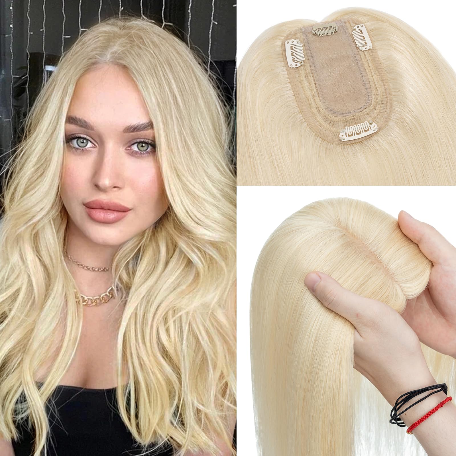 100% Remy Human Hair Topper for Women - 14 Inch Bleach Blonde Silk Base Hairpiece with Thinning Clip | Natural Looking Hair Replacement for Thinning Hair | Perfect for Daily Wear, Special Occasions & Styling