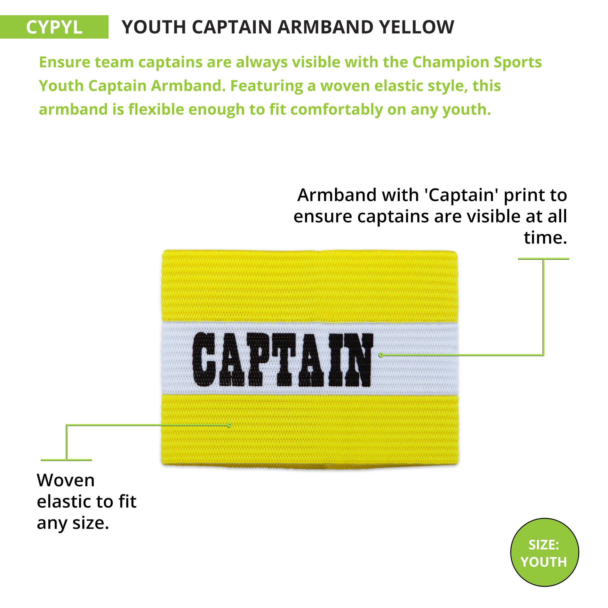 Champion Sports Youth Captain's Arm Band - Adjustable Soccer Referee Sleeve for Kids & Teens - Perfect for Football Matches, Training, and Team Leadership