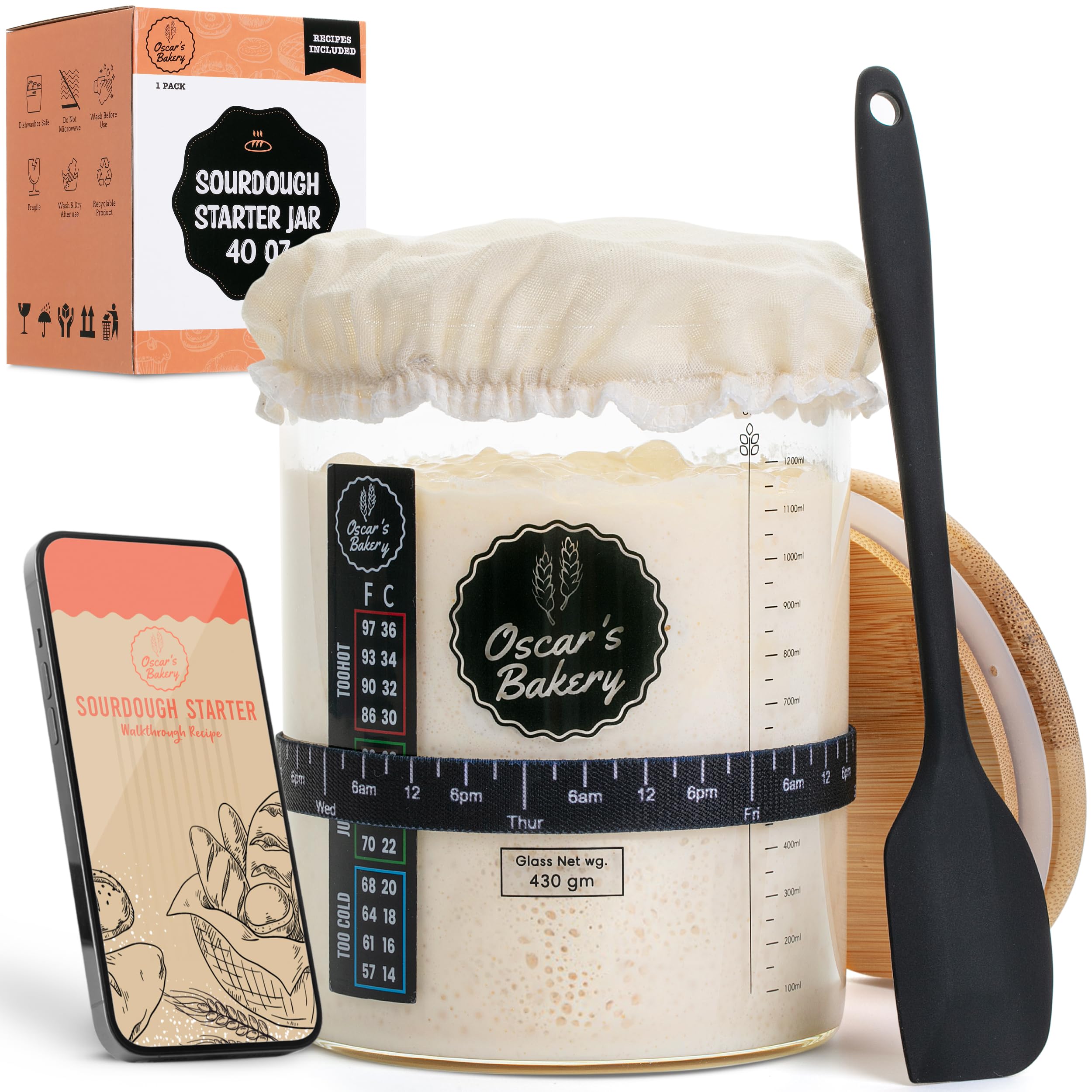 Oscar's Bakery Sourdough Starter Kit - 40oz Glass Crock with Lid for Homemade Bread Baking | Includes Recipe & Accessories | Perfect for Artisan Sourdough Bread, Pizza Dough & Fermenting Foods
