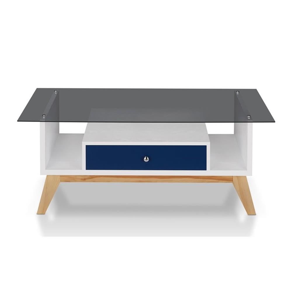 Allora Mid-Century Modern Navy Blue Glass Coffee Table - Stylish Living Room Centerpiece for Home Decor