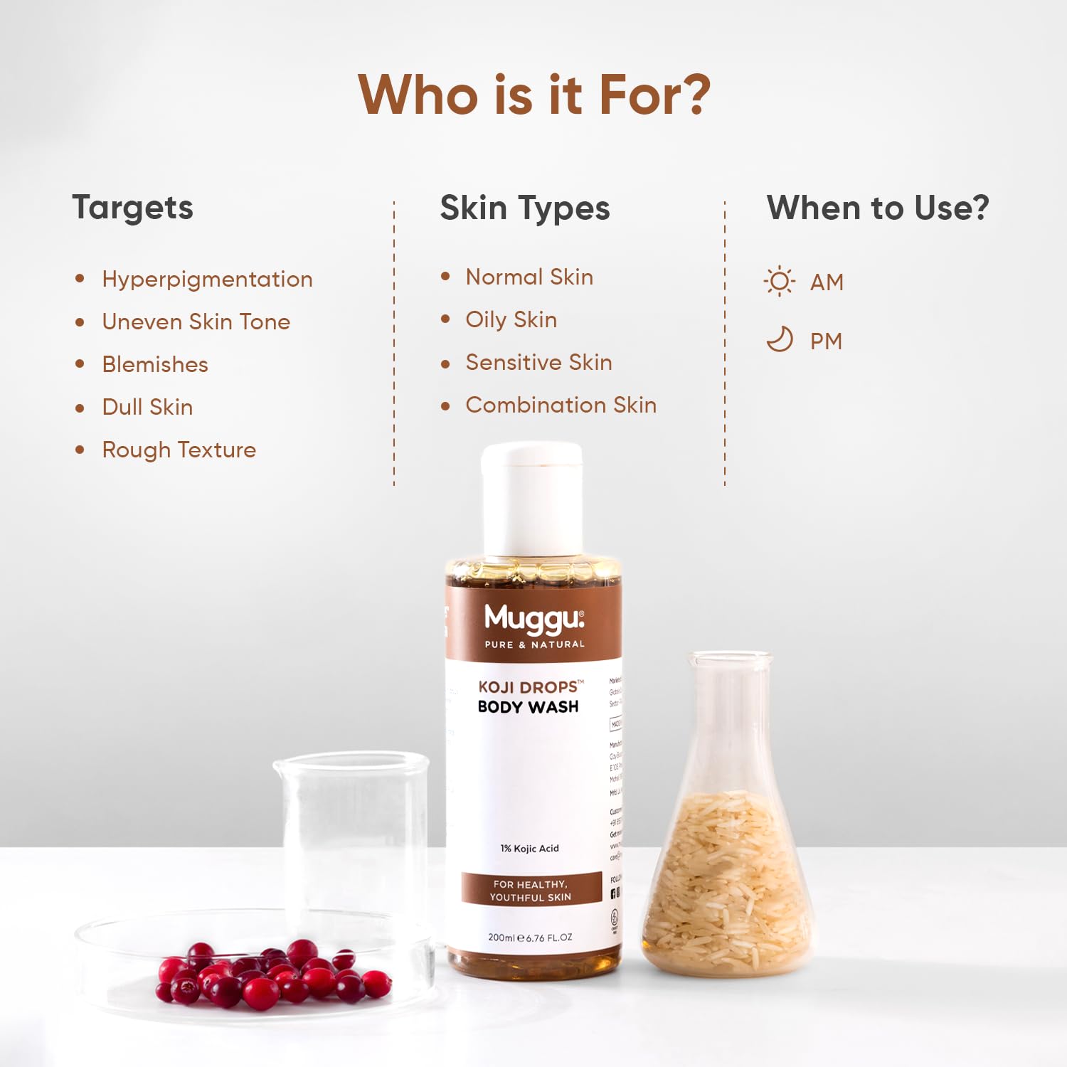 Muggu Skincare Koji Drops Brightening Body Wash with Kojic Acid for Dark Spots & Hyperpigmentation - 200ml | Gentle Exfoliating Shower Gel for Even Skin Tone | Perfect for Daily Use & Post-Sun Care