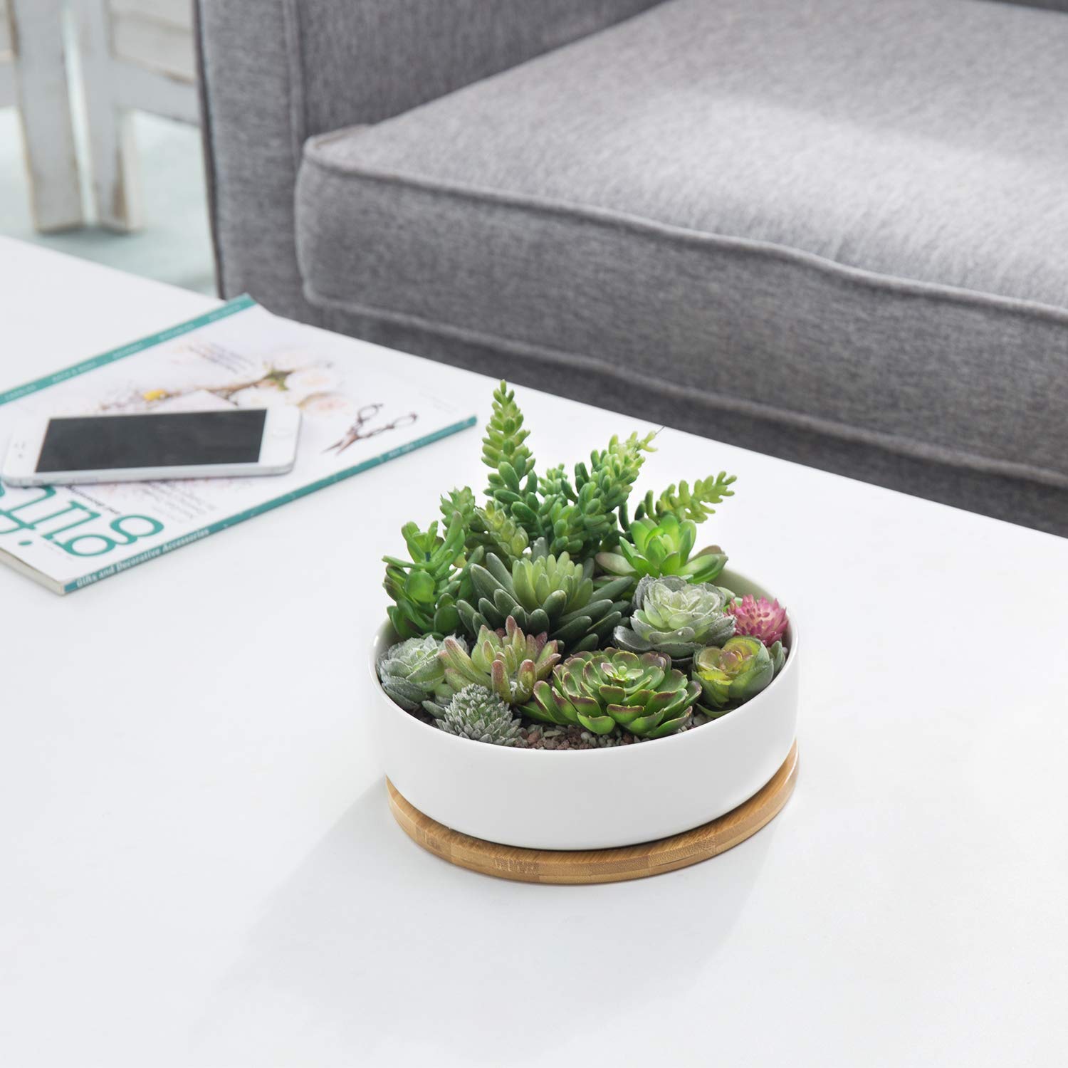MyGift 8-Inch Modern White Ceramic Indoor Plant Pot with Drainage Hole & Removable Bamboo Saucer - Perfect for Succulents, Herbs & Small Plants - Ideal for Home Decor, Office Desk & Tabletop Gardening