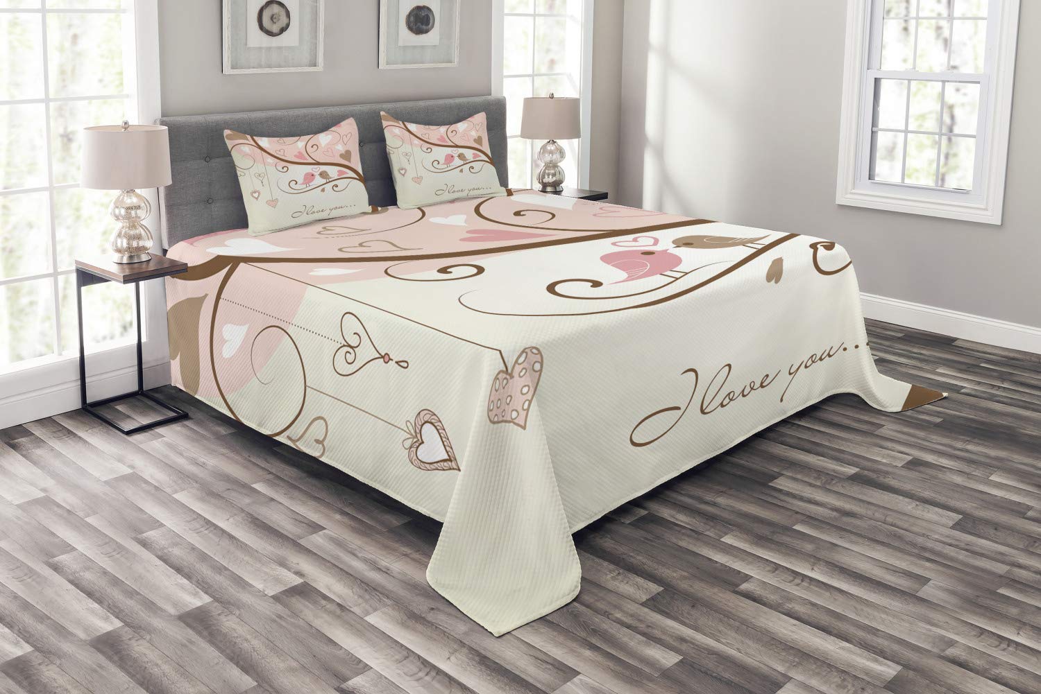 Ambesonne Love Birds on Branch Abstract Heart Print 3-Piece King Size Bedspread Set with 2 Pillow Shams - Blush Brown Beige Nature-Inspired Bedding for Romantic Bedroom Decor