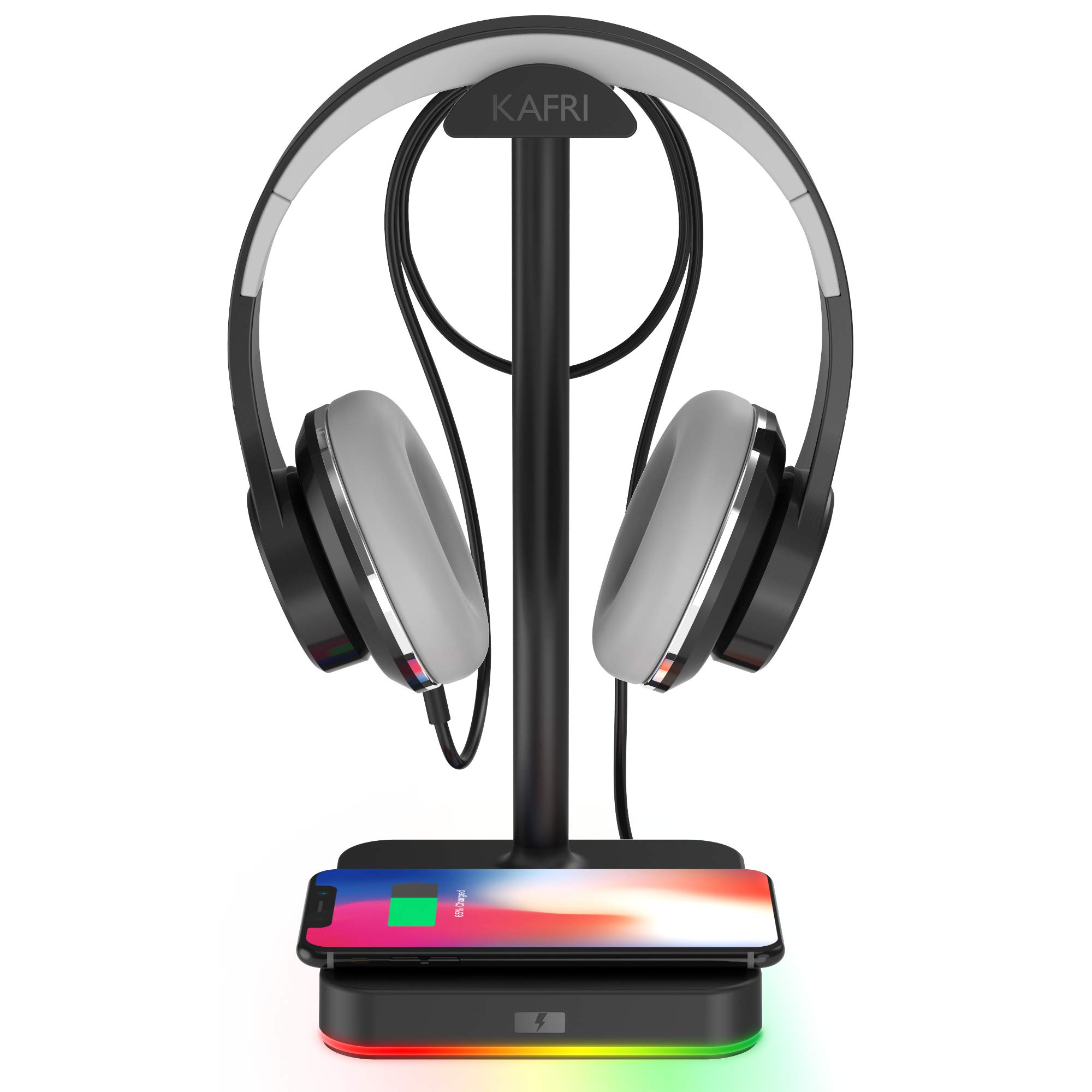 KAFRI RGB Gaming Headphone Stand with 10W/7.5W Fast Wireless Charger - Premium Headset Holder with QI Charging Pad for Gamers, PC & Desk Setup - Perfect for Gaming Stations, Home Office & Streaming Setups