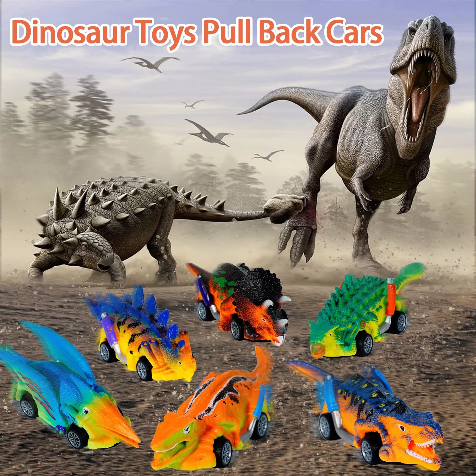 Dinosaur Pull Back Cars Toy Set - 6 Pack Friction Powered Dino Vehicles for Kids Ages 3-7 | STEM Learning Toys for Boys & Girls | Birthday Party Favors, Easter Gifts & Preschool Playtime Activities