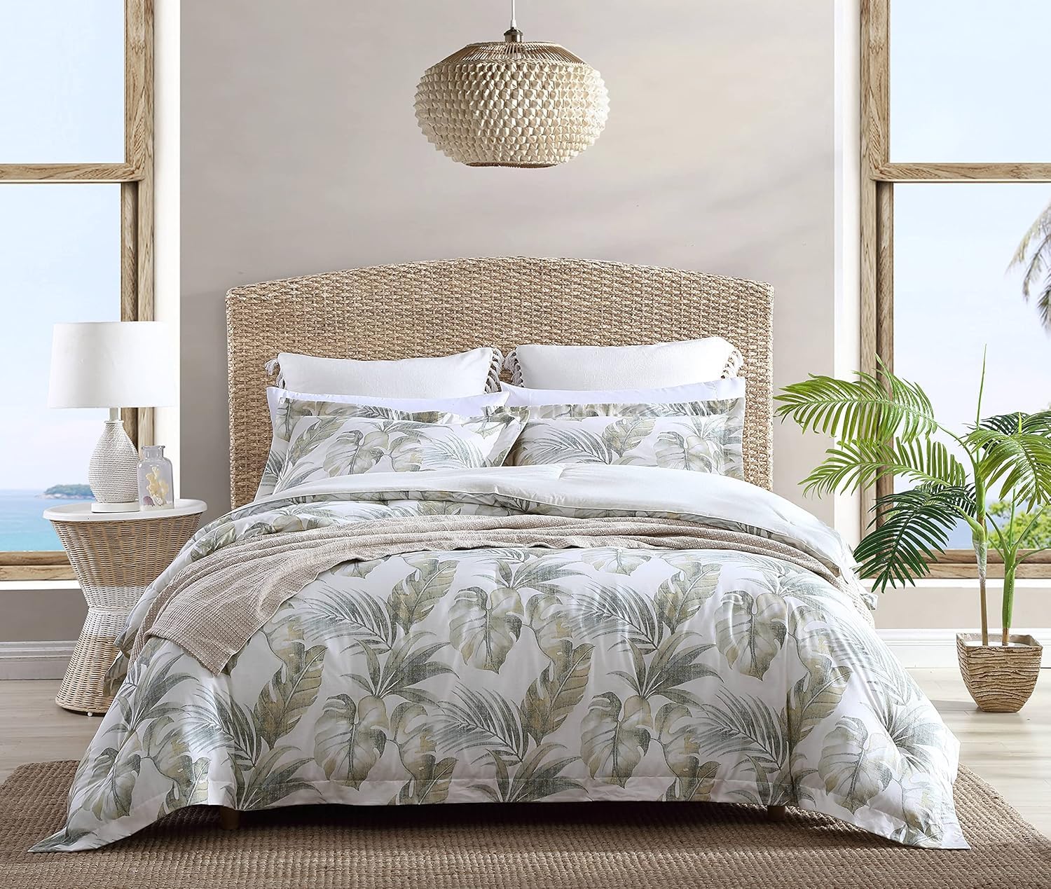 Tommy Bahama King Size Reversible Cotton Comforter Set with Matching Shams - All Seasons Medium Weight Bedding in Waimea Bay Green - Perfect for Master Bedroom, Guest Room & Vacation Homes