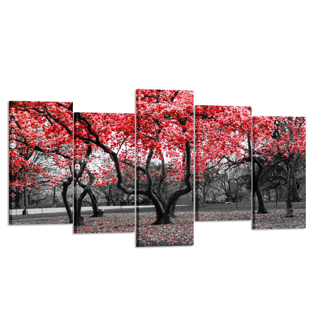 Modern Canvas Wall Art - 5 Piece Black White & Red Tree Landscape Giclee Print Painting for Home Decor | Extra Large 80x40 Inch | Perfect for Living Room, Bedroom & Office Wall Decoration