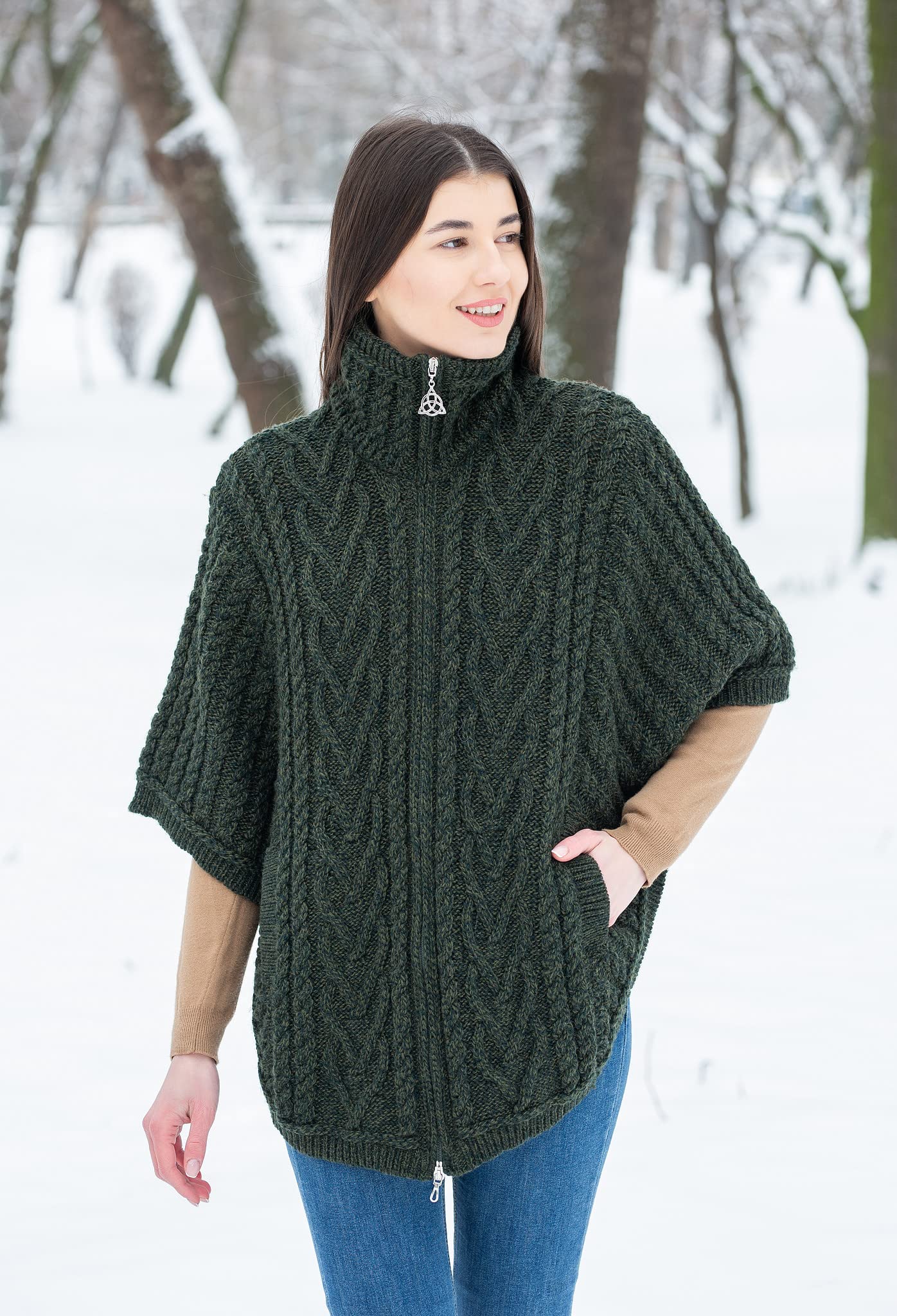 SAOL Women's 100% Merino Wool Irish Cardigan Sweater with Front Pockets - Cozy Winter Knitwear for Casual Outings & Travel | Irish-Inspired Fashion for Fall & Winter Seasons