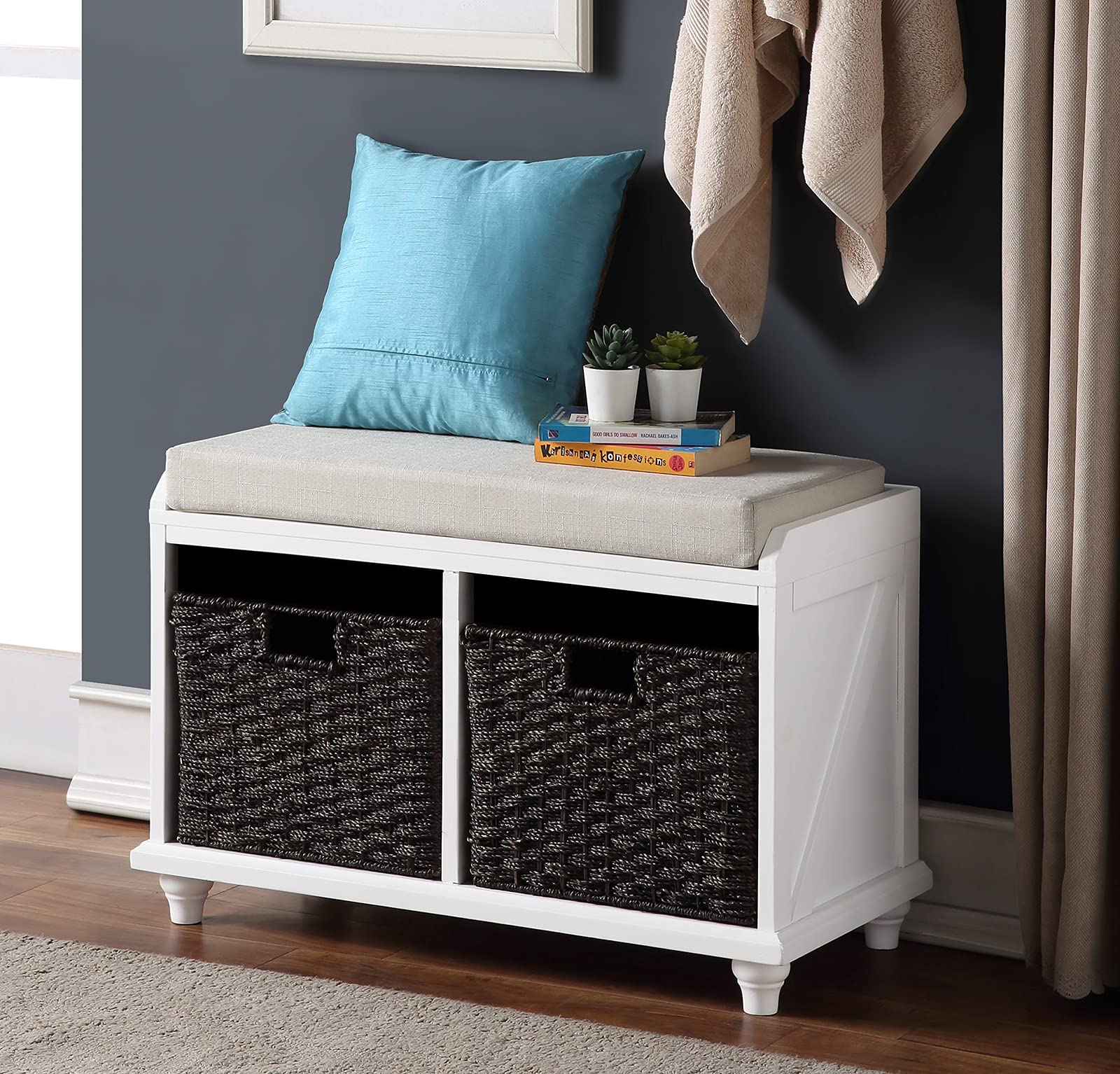 White Farmhouse Shoe Storage Bench with 2 Rattan Baskets & Removable Cushion - Entryway Organizer for Mudroom, Living Room, Hallway - No Assembly Required Wooden Entry Bench for Home Décor