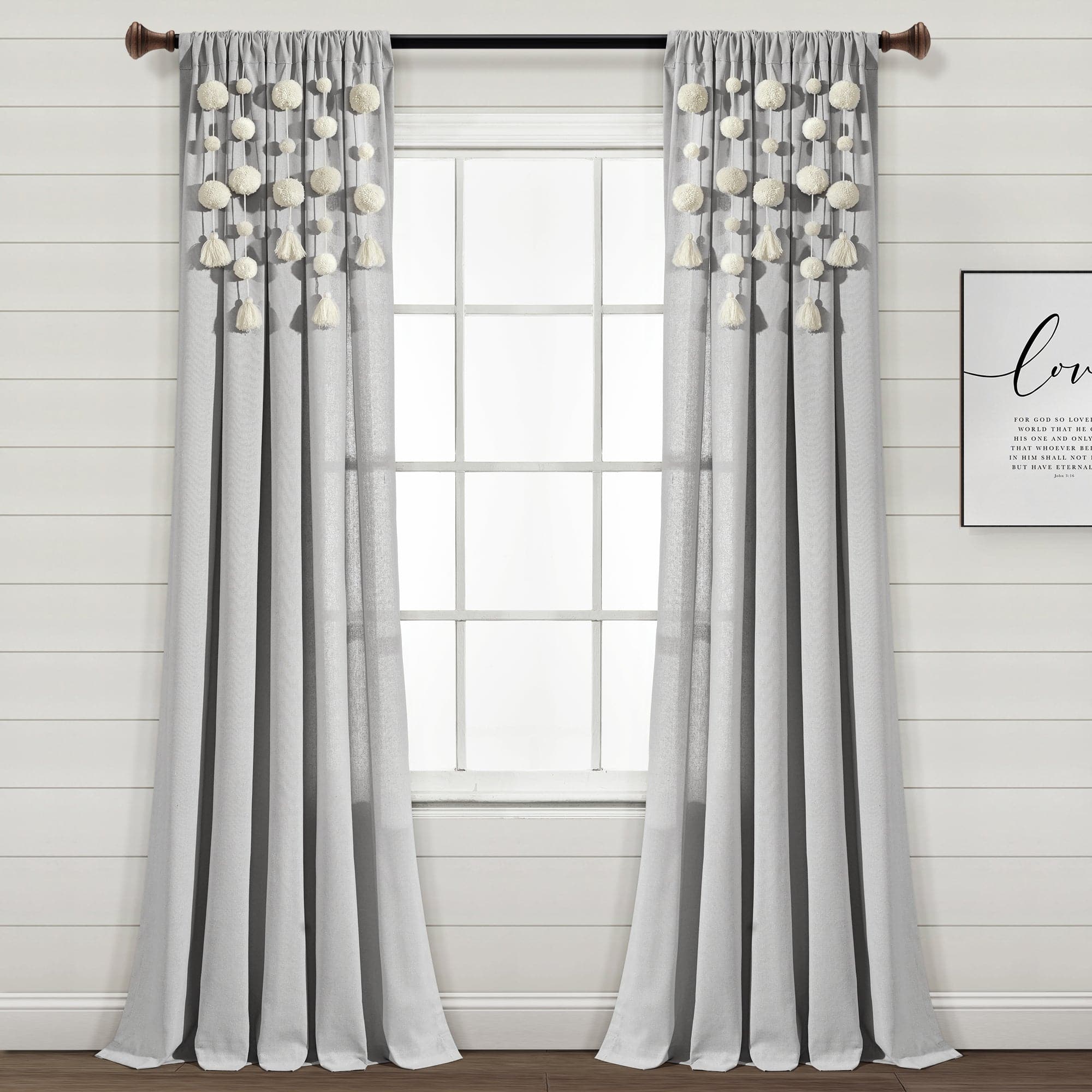 Boho Pom Pom Tassel Faux Linen Window Curtain Panel - Light Filtering Bohemian Style Drapes for Living Room, Bedroom & Nursery Decor