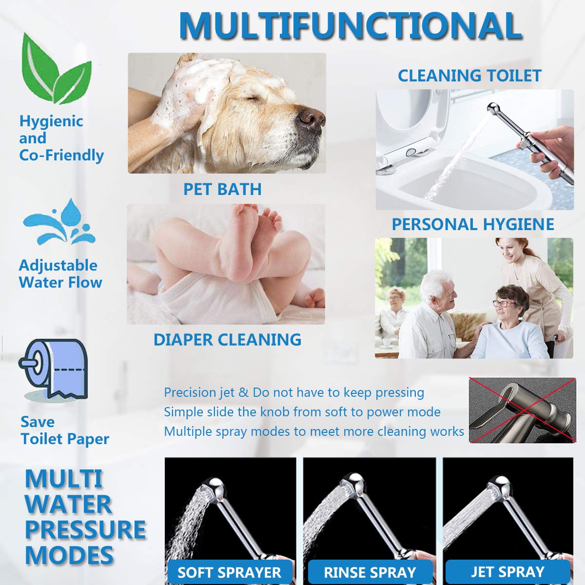 Brass Handheld Bidet Sprayer for Toilet - All Metal Diaper Sprayer with Backflow Preventer & Adjustable Water Jet - 7.2