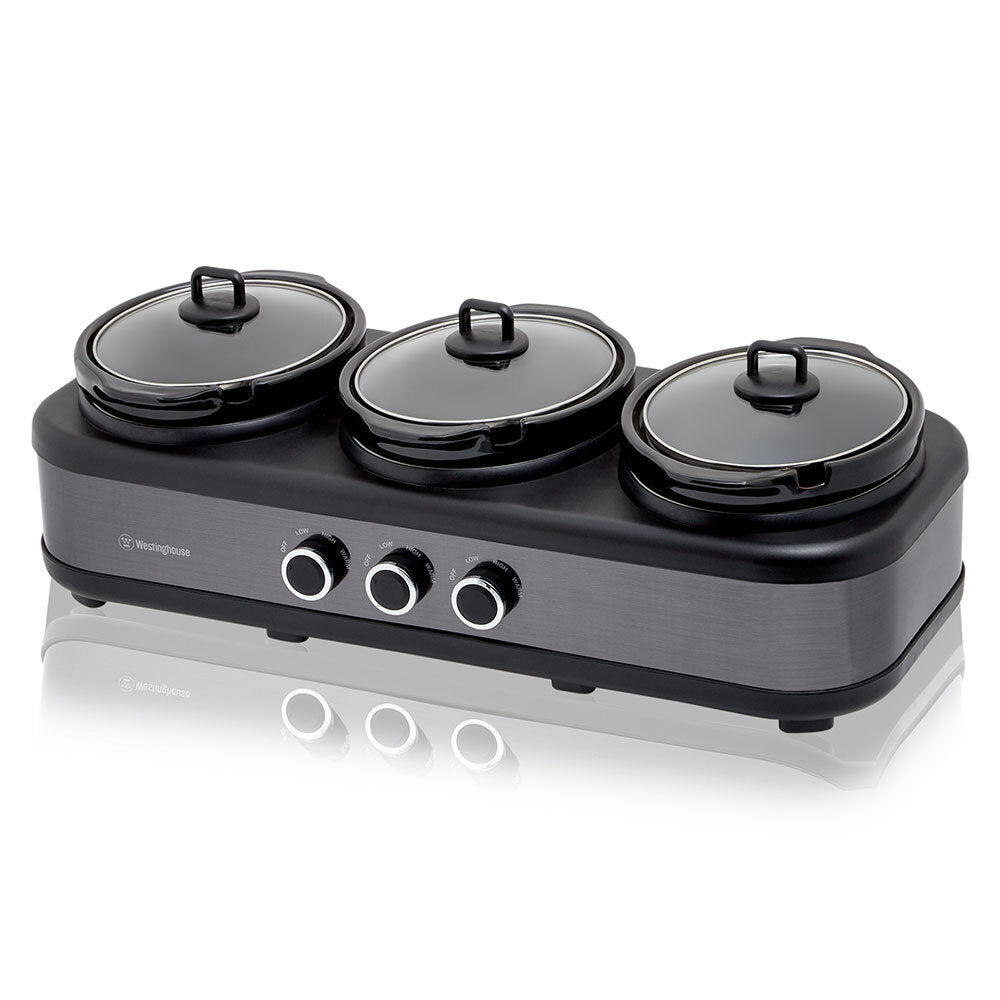 3-Pot Slow Cooker, Black Stainless Steel - Perfect for Family Dinners, Meal Prep & Entertaining