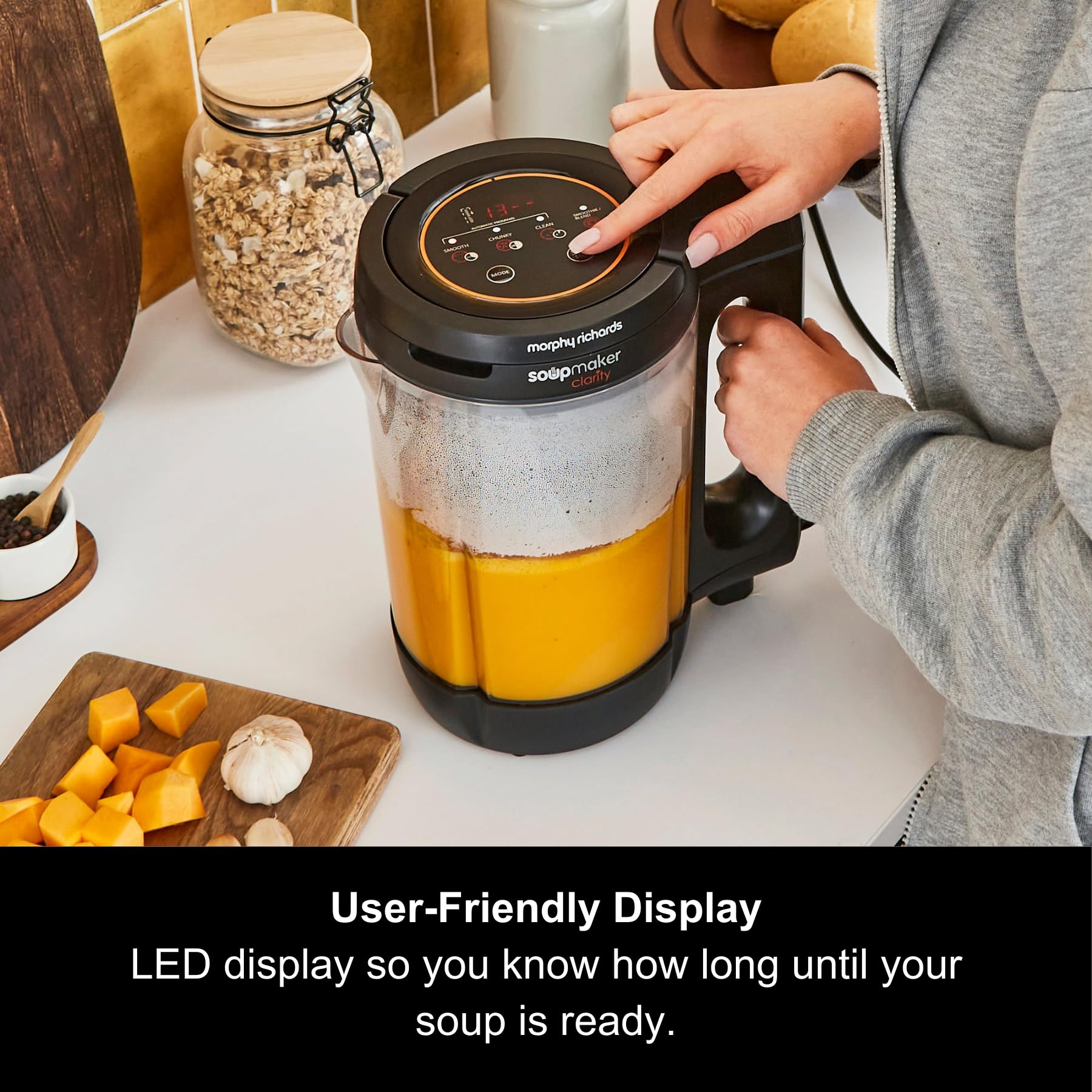 Morphy Richards 1.6L Clarity Soup Maker with Portion Control - 9 Smart Settings & Keep Warm Function for Soups & Smoothies (White & Black, Model 501050) - Perfect for Healthy Meal Prep & Quick Blending at Home