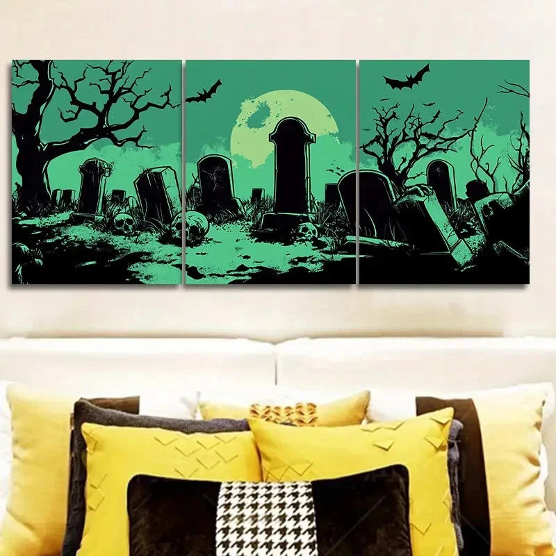 3-Piece Graveyard Halloween Wall Art Set - Framed Canvas 40x60cm (16x24in) - High Quality Print, 100% Australian Made, Ready to Hang - Perfect for Spooky Home Decor & Halloween Party Decoration