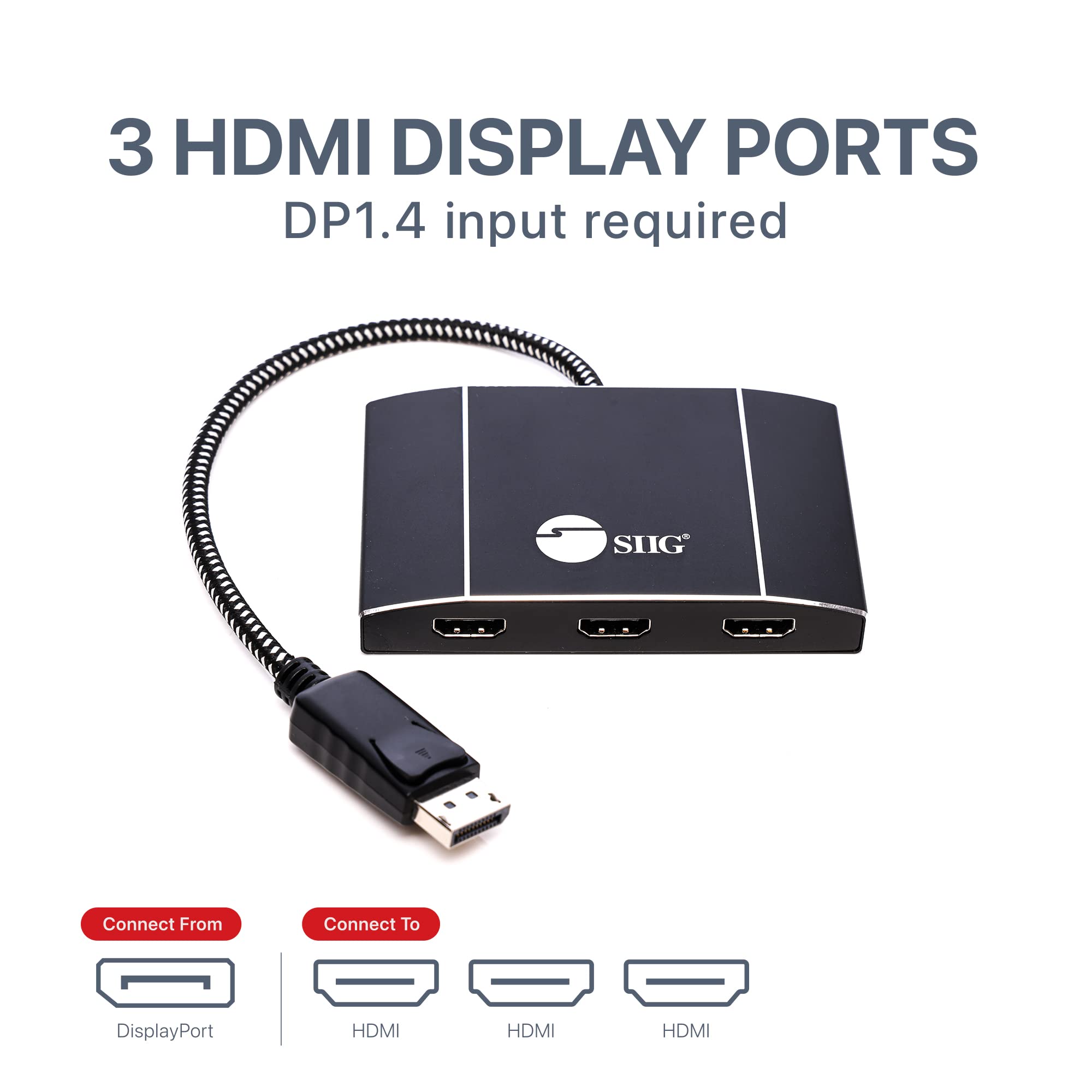 SIIG MST Hub DisplayPort to HDMI Splitter 1.4 - 3 Port Multi Stream Transport Hub with Daisy Chain Support for Monitors - Ideal for Gaming, Office & Home Theater Setups (CE-DP0Q11-S1)