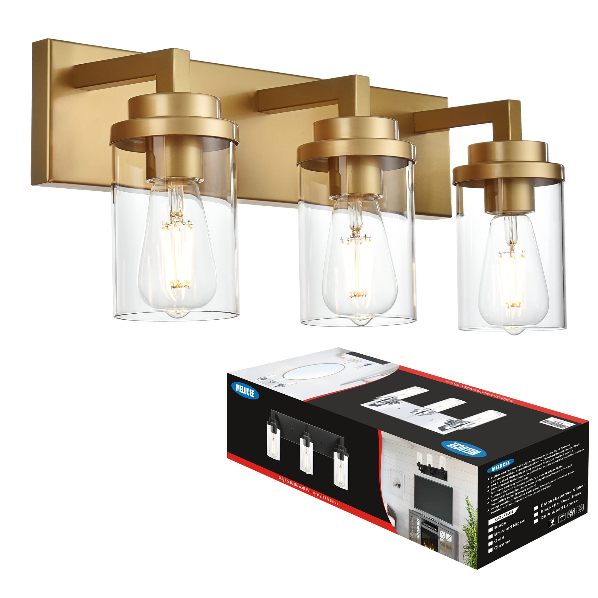 MELUCEE 3-Light Gold Bathroom Vanity Light Fixture 23.6 Inch Wall Sconce with Clear Glass Shade - E26 Base for Vanity Table, Over Sink, Kitchen & Living Room Lighting | Modern Home Decor for Bathroom Makeover & Bedroom Accent
