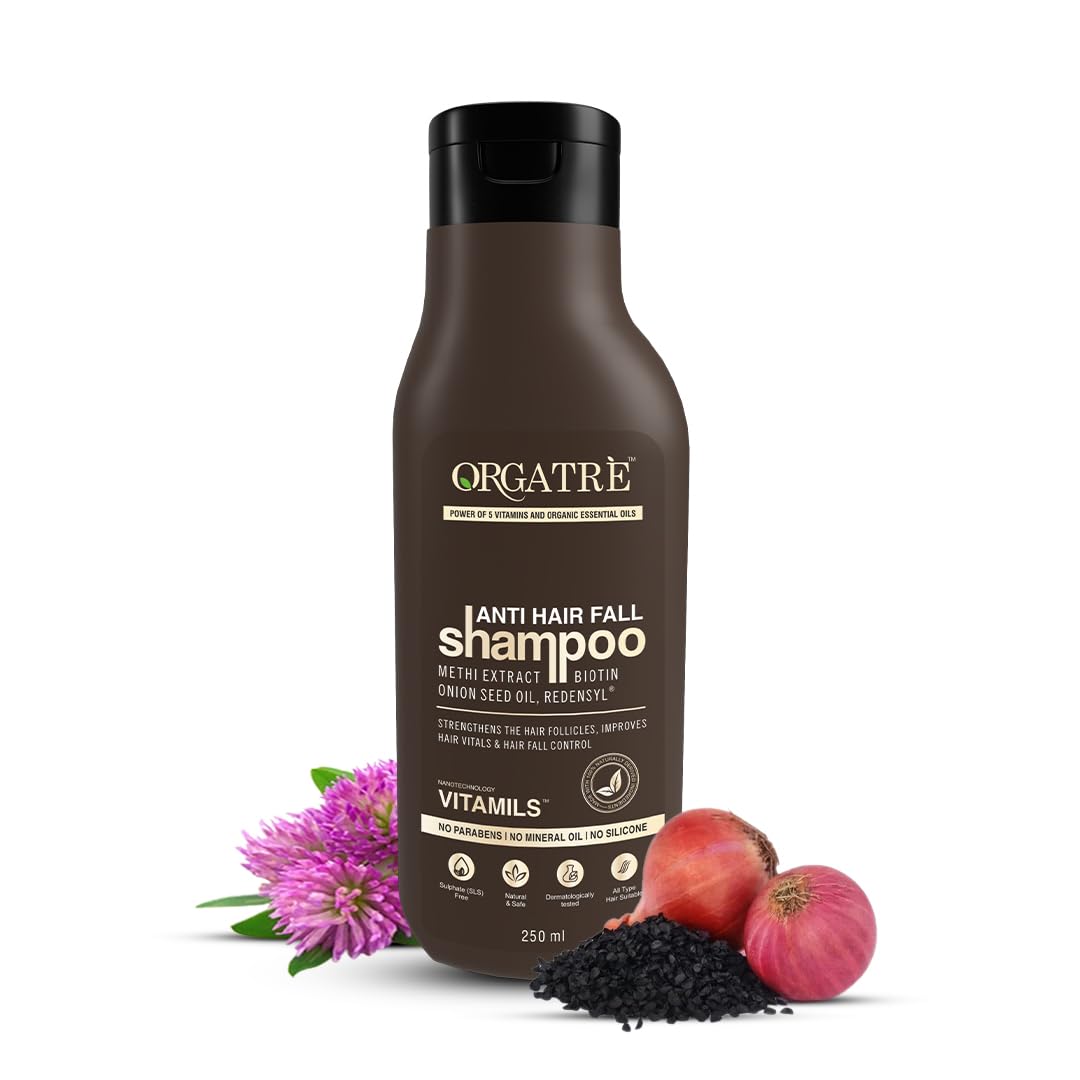 Orgatre Anti Hair Fall Shampoo for Men & Women - Sulfate Free, Paraben Free, Redensyl Enriched (250ml) - Best for Dry & Frizzy Hair Care & Scalp Nourishment | Perfect for Daily Use & Hair Growth Treatment