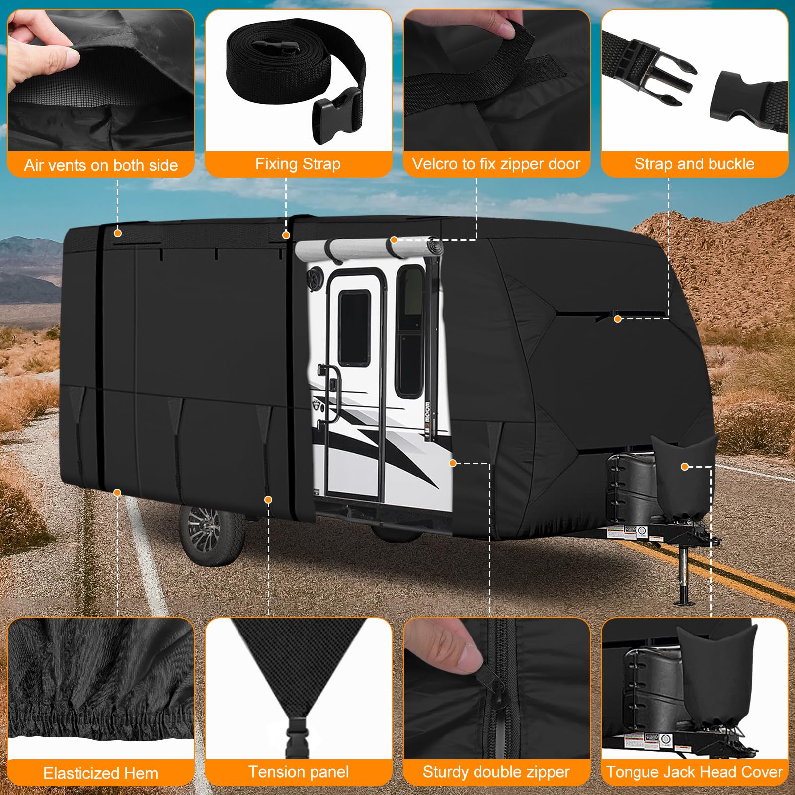 Upgraded Heavy Duty Waterproof RV Cover for 16-18 ft Travel Trailers - Oxford Cloth Camper Cover with 8 Straps & Tongue Jack Protection - UV Resistant Outdoor Storage Solution for Camping, Road Trips & Winter Protection