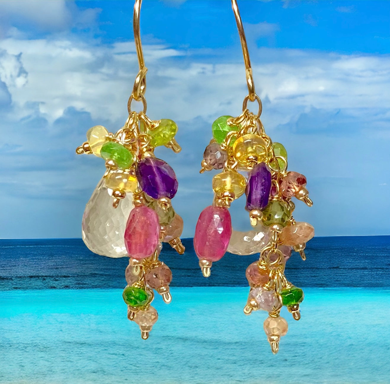 Gold Filled Crystal Quartz Dangle Earrings with Multi Gemstone Cluster - Elegant Jewelry for Women, Perfect for Parties, Weddings & Special Occasions