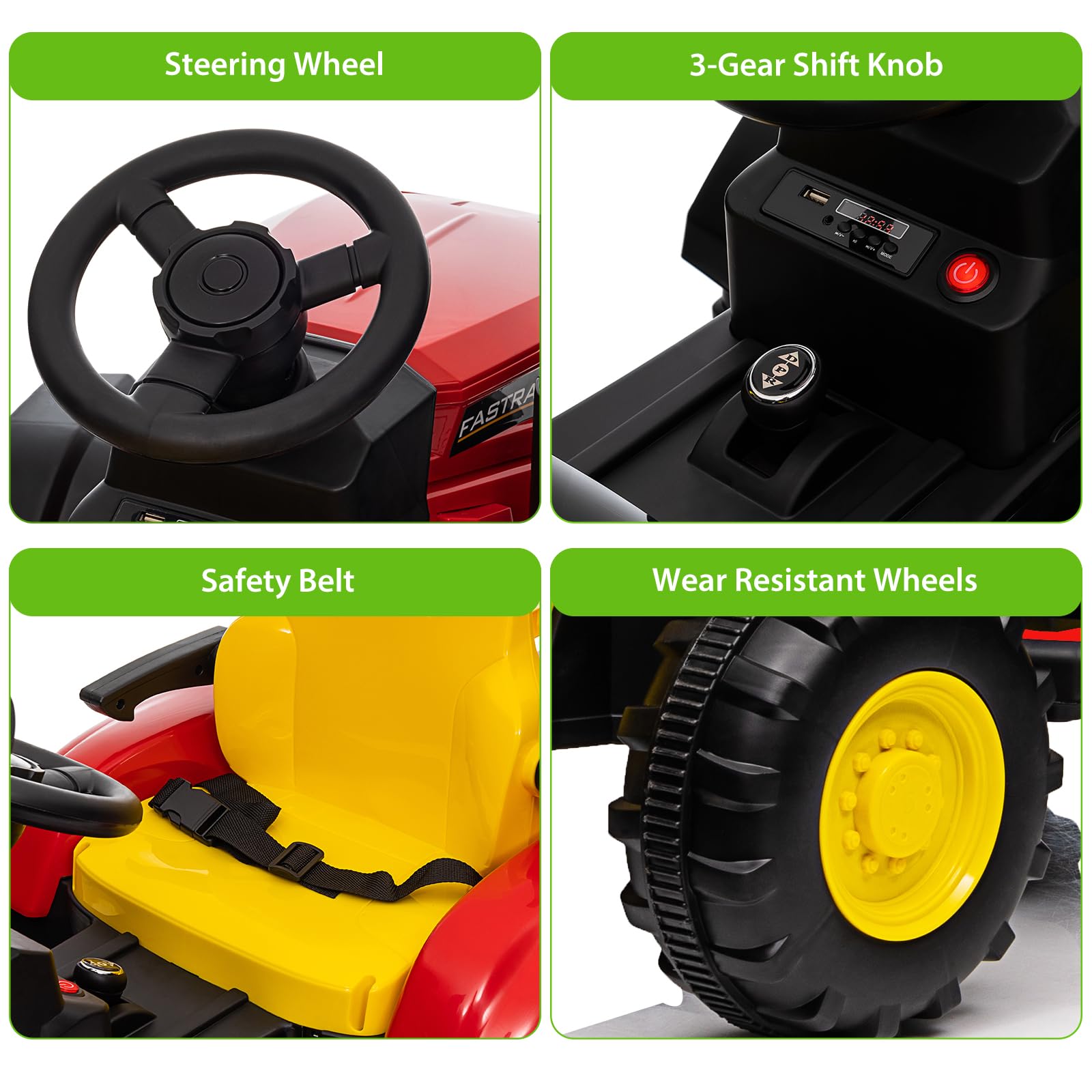 GARVEE 12V Kids Ride On Tractor Toy with Remote Control, 7 LED Lights & Safety Belt - Red | Outdoor Play, Birthday Gift for Boys & Girls Ages 3-8 Years