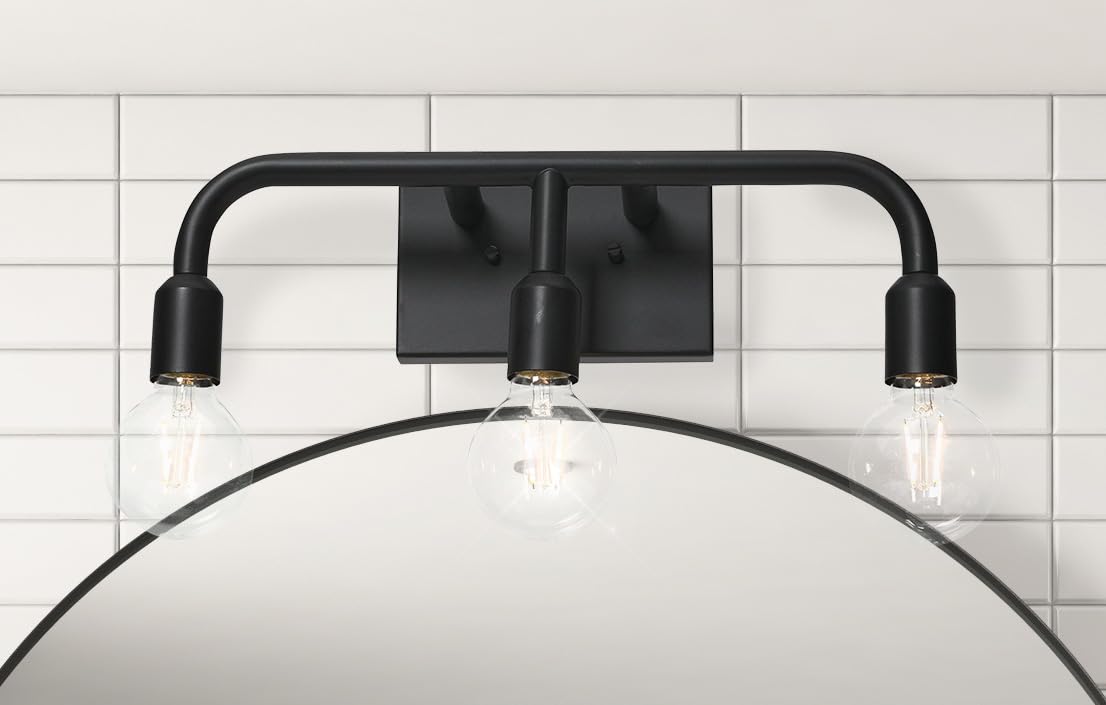 Benson Matte Black Exposed Bulb 3-Light Vanity Light - Perfect for Bathroom Makeup Mirror & Dressing Room Lighting