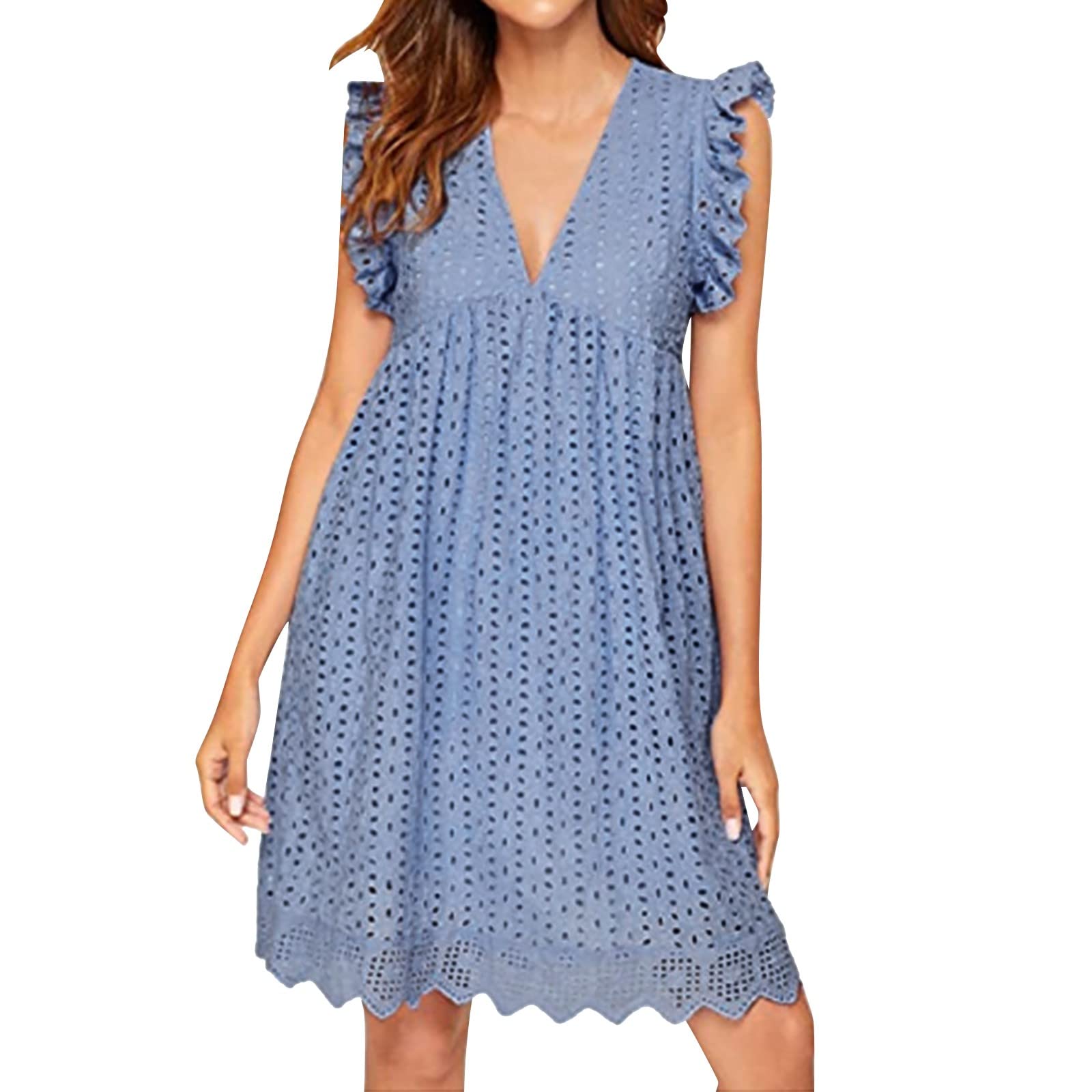Elegant Plus Size Women's Lace Jacquard Cutout Pocket Dress - V Neck Flowy Short Sleeve Summer Dress for Casual Outings, Date Nights & Special Occasions