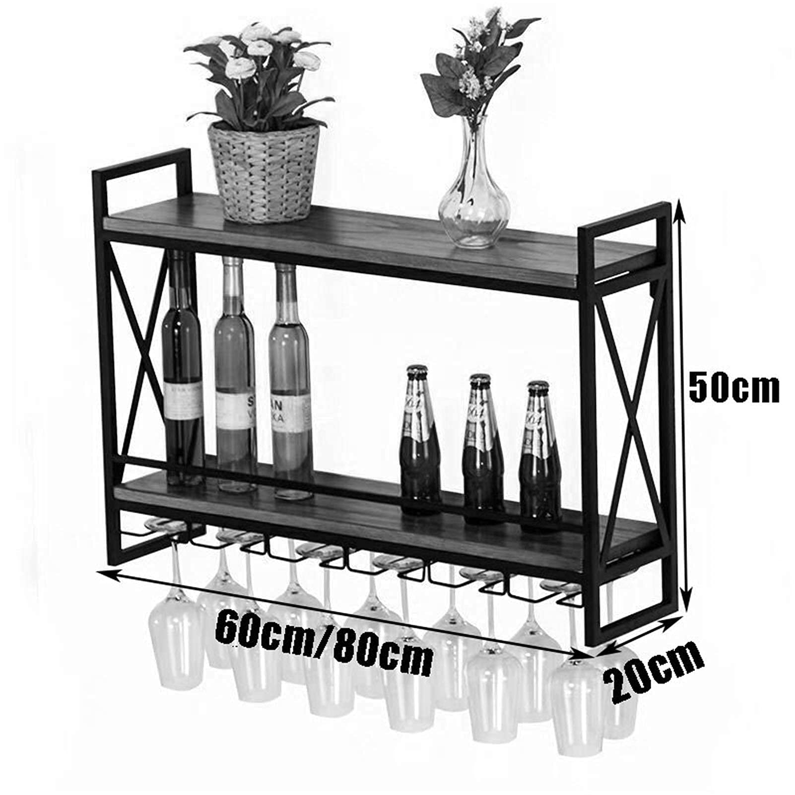 Rustic Wall Mounted Wine Rack with 6 Stem Glass Holder - 2-Tier Floating Wood Shelf for Kitchen, Living Room & Home Decor (Gold, 80X20X50) | Perfect for Small Spaces & Wine Enthusiasts