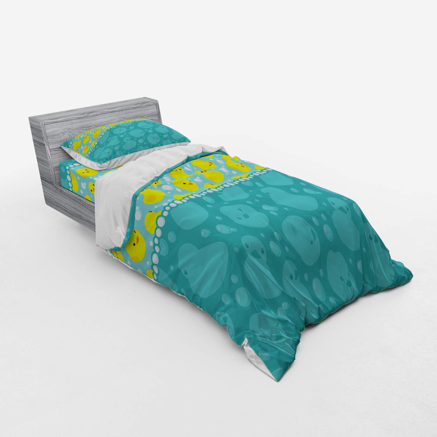 Ambesonne Rubber Duck Duvet Cover Set - Yellow Cartoon Duck Swimming in Water Pattern with Bubbles, 3-Piece Twin Size Bedding Set with Sham & Fitted Sheet, Teal Blue - Perfect for Kids' Room, Nursery Decor or Whimsical Bedroom Theme