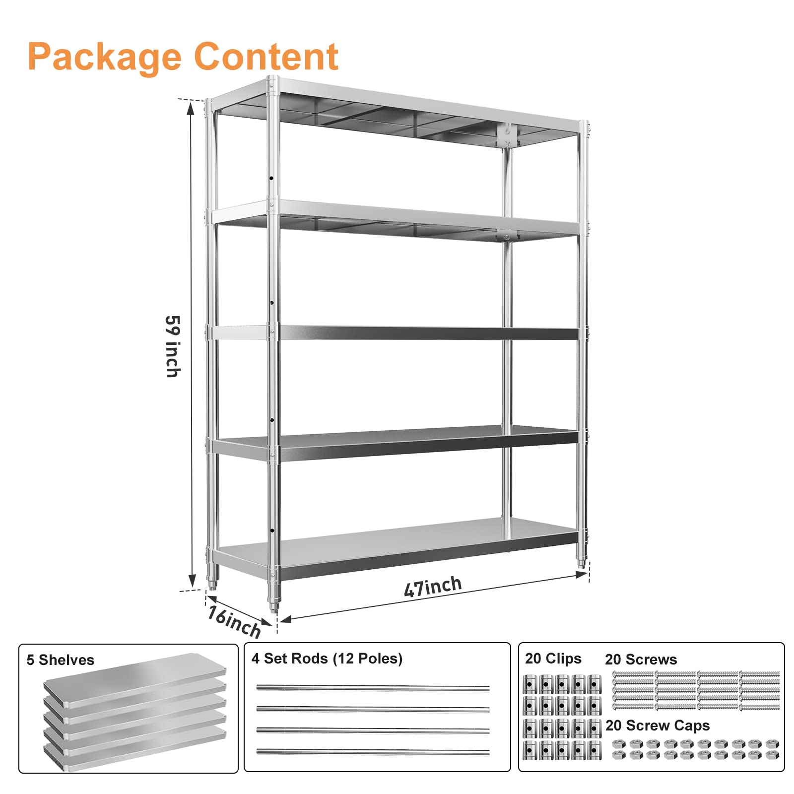 5-Tier Adjustable Stainless Steel Storage Shelf - Heavy Duty Metal Shelving Unit for Kitchen, Office, Garage - 47