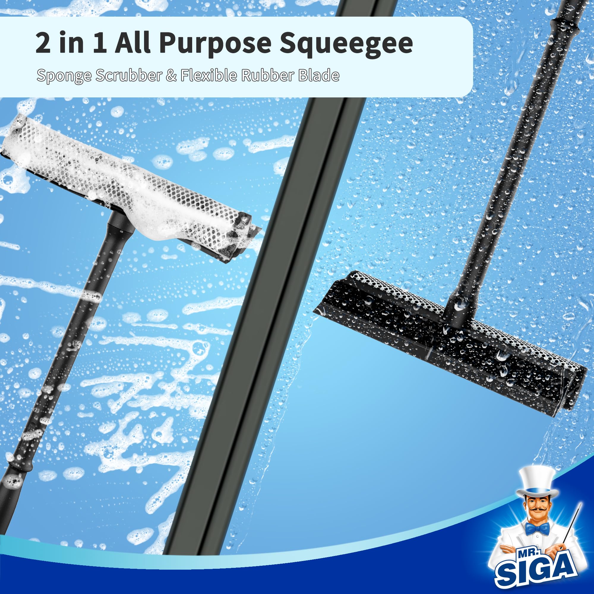 MR.SIGA Professional Car Window Squeegee - 2 in 1 Windshield Cleaner with Rubber Blade & Sponge Scrubber, Ergonomic Handle for Streak-Free Cleaning - Perfect for Car Wash, Home Windows & Glass Surfaces