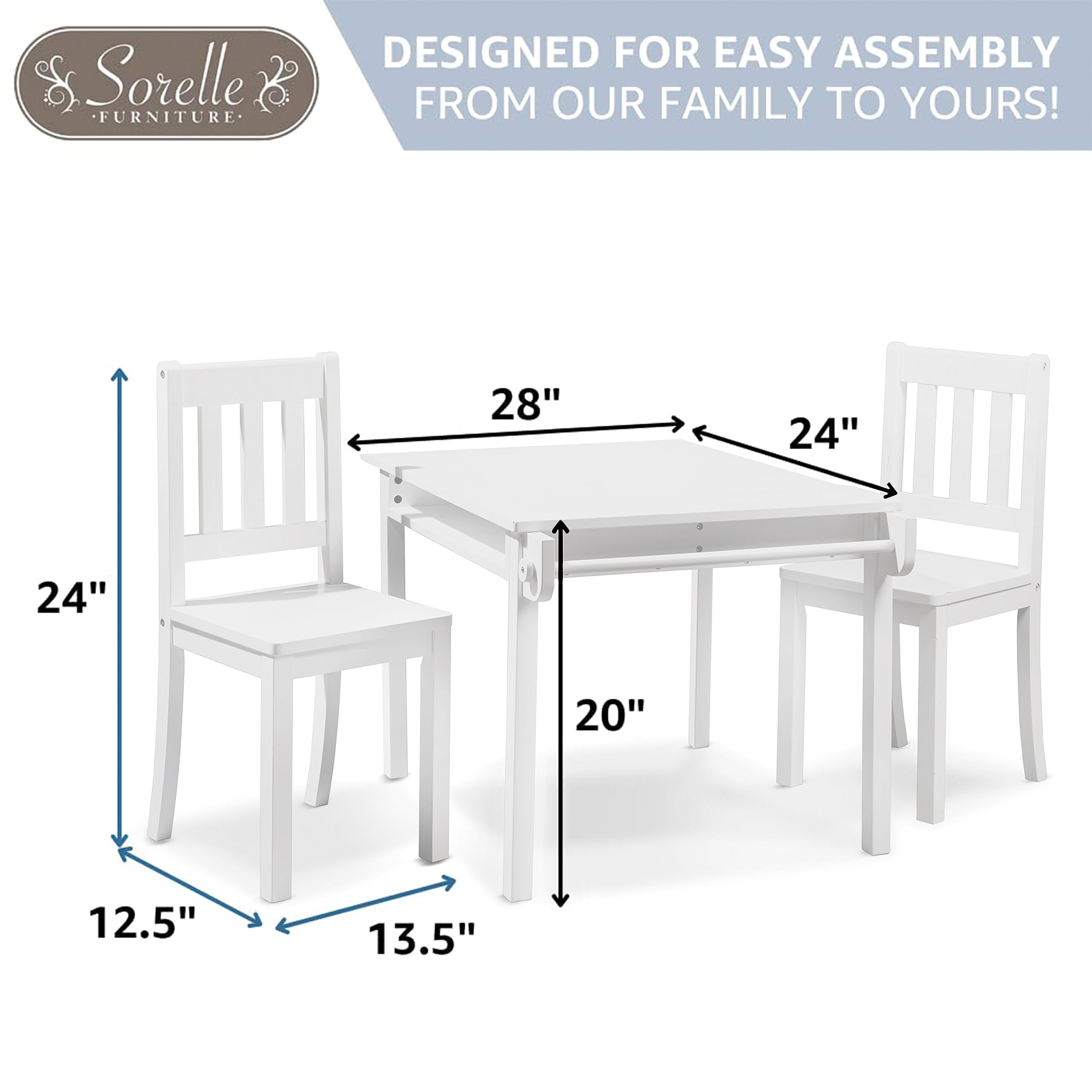 Sorelle Kids Wooden Table and Chair Set (2 Chairs Included) - Imagination Table for Arts & Crafts, Snack Time, Play & Learning - White Children's Furniture Set - Perfect for Playrooms, Daycares & Home Schooling