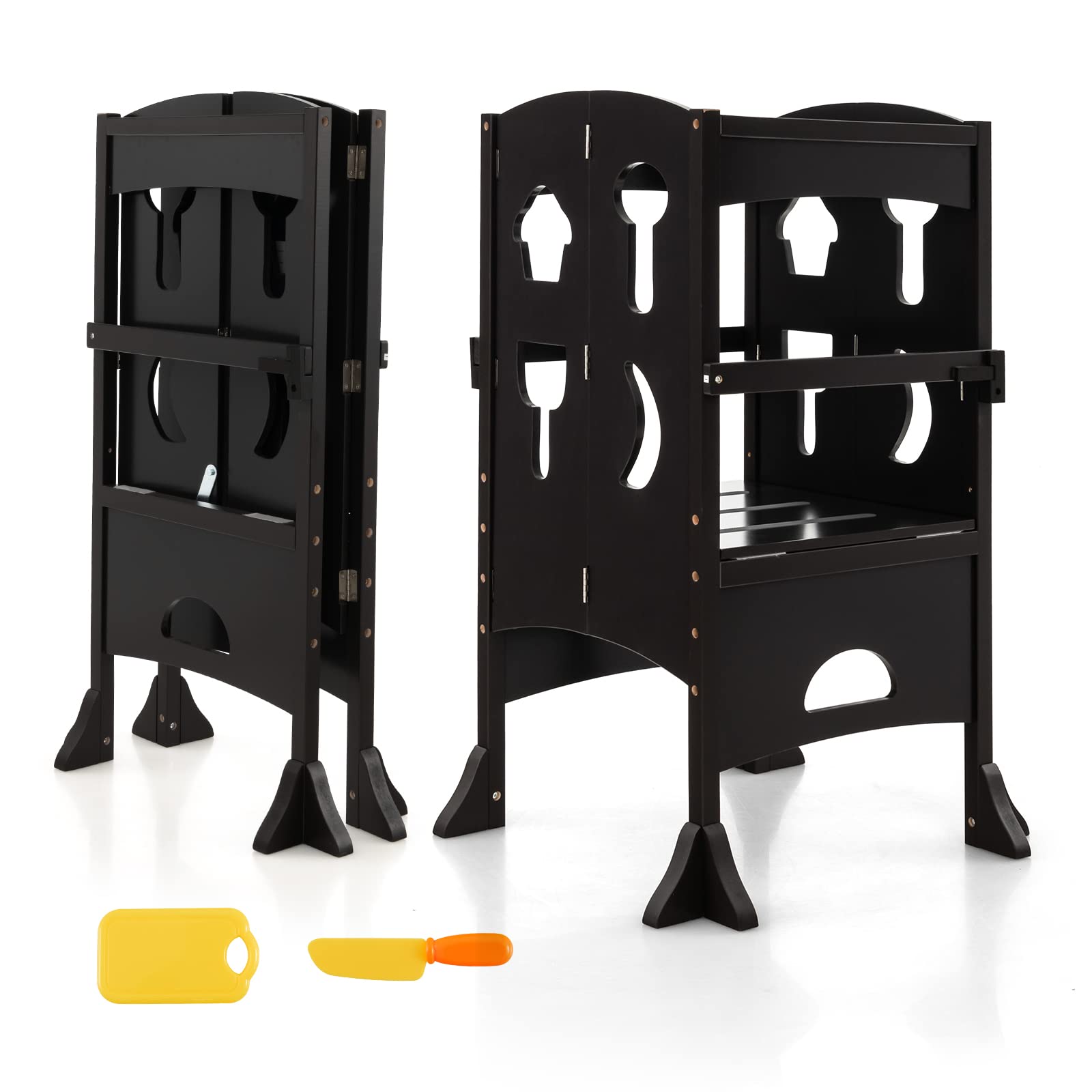 Costzon Adjustable Height Foldable Kids Kitchen Step Stool with Safety Rail - Montessori Learning Tower for Toddlers - Wooden Standing Helper for Bathroom & Kitchen Counter - Perfect for Baking, Washing Hands & Safe Exploration
