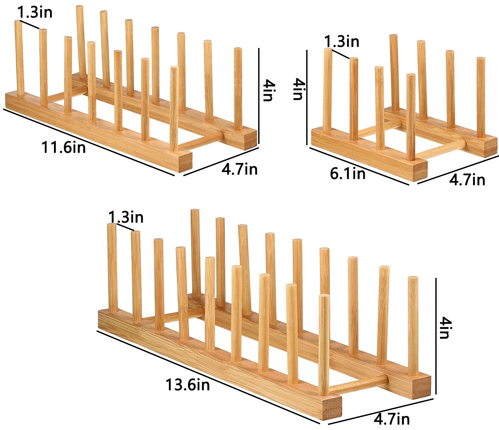 Lawei 6-Piece Bamboo Dish Rack Set - 3/6/8 Slot Wooden Plate Drying Rack with Pot Lid Holder for Dishes, Bowls, Cups & Cutting Boards | Space-Saving Kitchen Organizer for Countertop, Sink & Cabinet Storage