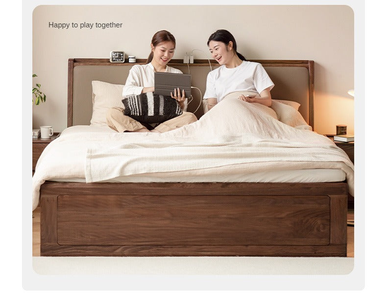 Solid Black Walnut Wood Leather-Upholstered Drawer Box Bed - Nordic Style Platform Bed with Storage for Modern Bedroom