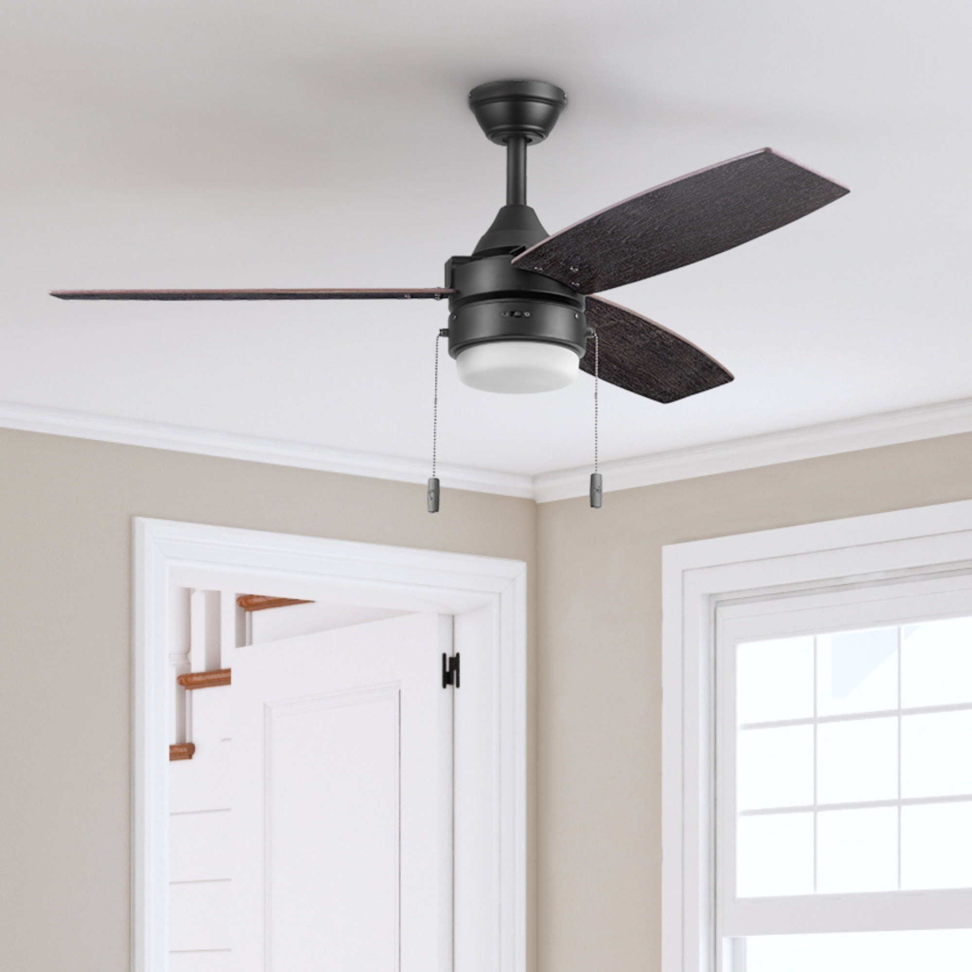 48 Inch Honeywell Berryhill Matte Black Ceiling Fan with Light Kit and Pull Chain - Perfect for Living Room, Bedroom, and Outdoor Covered Patio