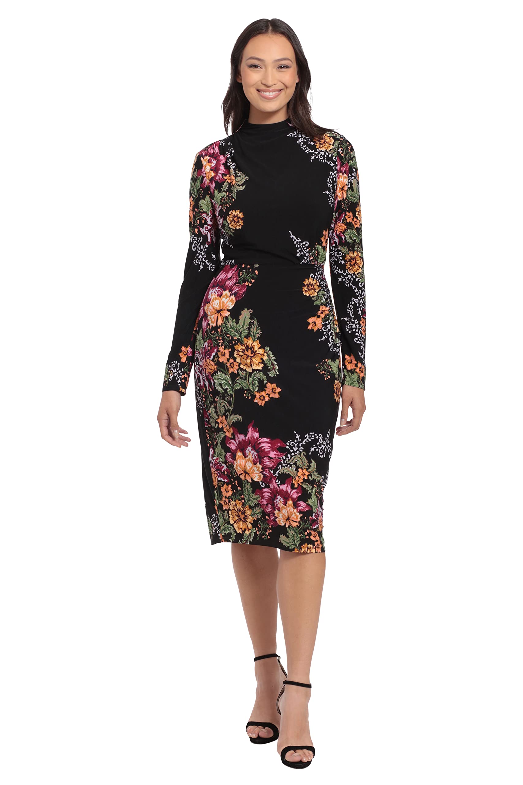 London Times Petite Midi Dress - Mock Neck & Ruching for Work & Events
