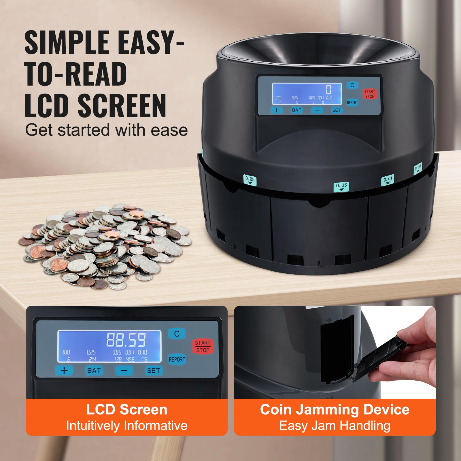 VEVOR Coin Counter & Sorter Machine with LCD Display - High Speed 300 Coins/min, 2000 Coin Capacity for US Currency (Pennies, Nickels, Dimes, Quarters & $1 Coins) - Includes 5 Sorting Bins & Tubes - Perfect for Banks, Retail Stores & Cash-Intensive Businesses