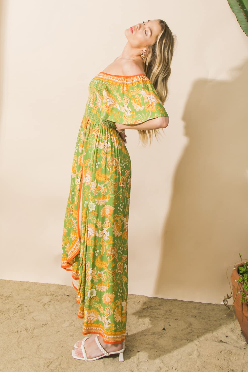Bohemian Off Shoulder Maxi Dress - Tropical Floral Print Smocked Hi-Low Hem Summer Beach Dress for Vacation, Party & Outdoor Events