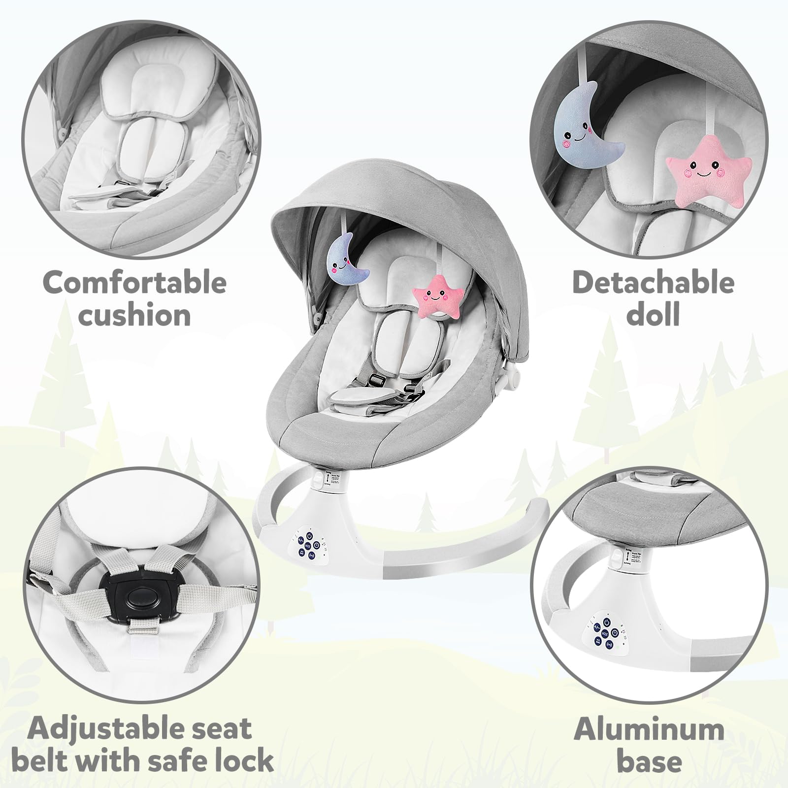 Portable Baby Swing Rocker for Newborns & Toddlers - 5 Speed Adjustable Cradle with 5-Point Safety Harness, Foldable Design for Indoor/Outdoor Use (Gray) - Perfect for Nursery, Travel & Backyard Relaxation