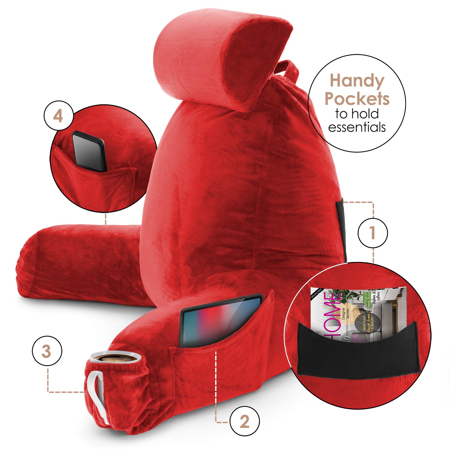 Nestl Reading Pillow Large Bed Pillow - Shredded Memory Foam Back Support Pillow for Sitting in Bed, Reading & Relaxing - Cherry Red Chair Pillow with Pockets - Perfect for Bed Rest, Arm Support & Cozy Reading Nook