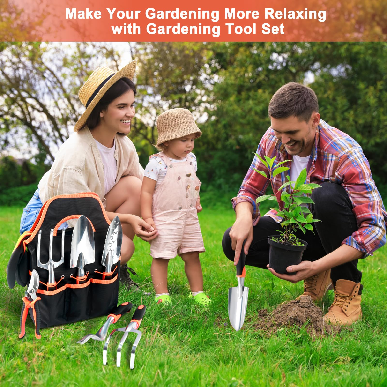 8-Piece Heavy Duty Garden Tools Set with Non-Slip Ergonomic Handles & Storage Bag - Durable Gardening Kit for Women & Men - Perfect for Planting, Weeding, and Landscaping (Orange)