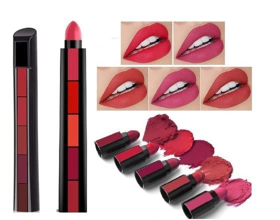 7-Piece Pink Makeup Brush Set with 5-in-1 Multicolor Lipstick & Beauty Blender Sponge - Complete Cosmetic Kit for Women & Girls (Ideal for Daily Makeup, Travel, and Professional Use)