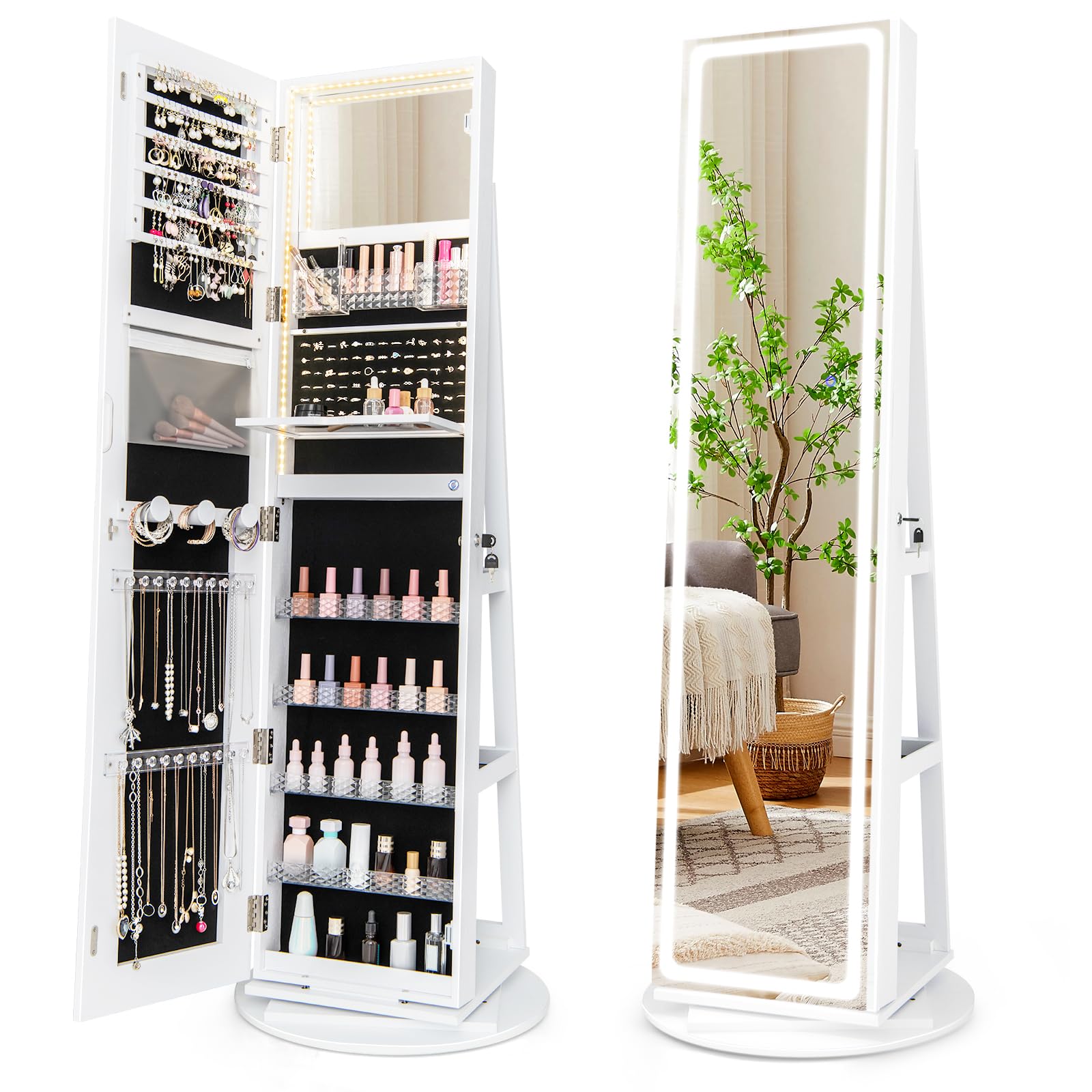 GOFLAME 360° Swivel Jewelry Cabinet with Full-Length Mirror - Jewelry Storage Organizer with LED Lights, Foldable Shelf & Interior Mirror - White | Perfect for Bedroom, Closet & Dressing Room Organization