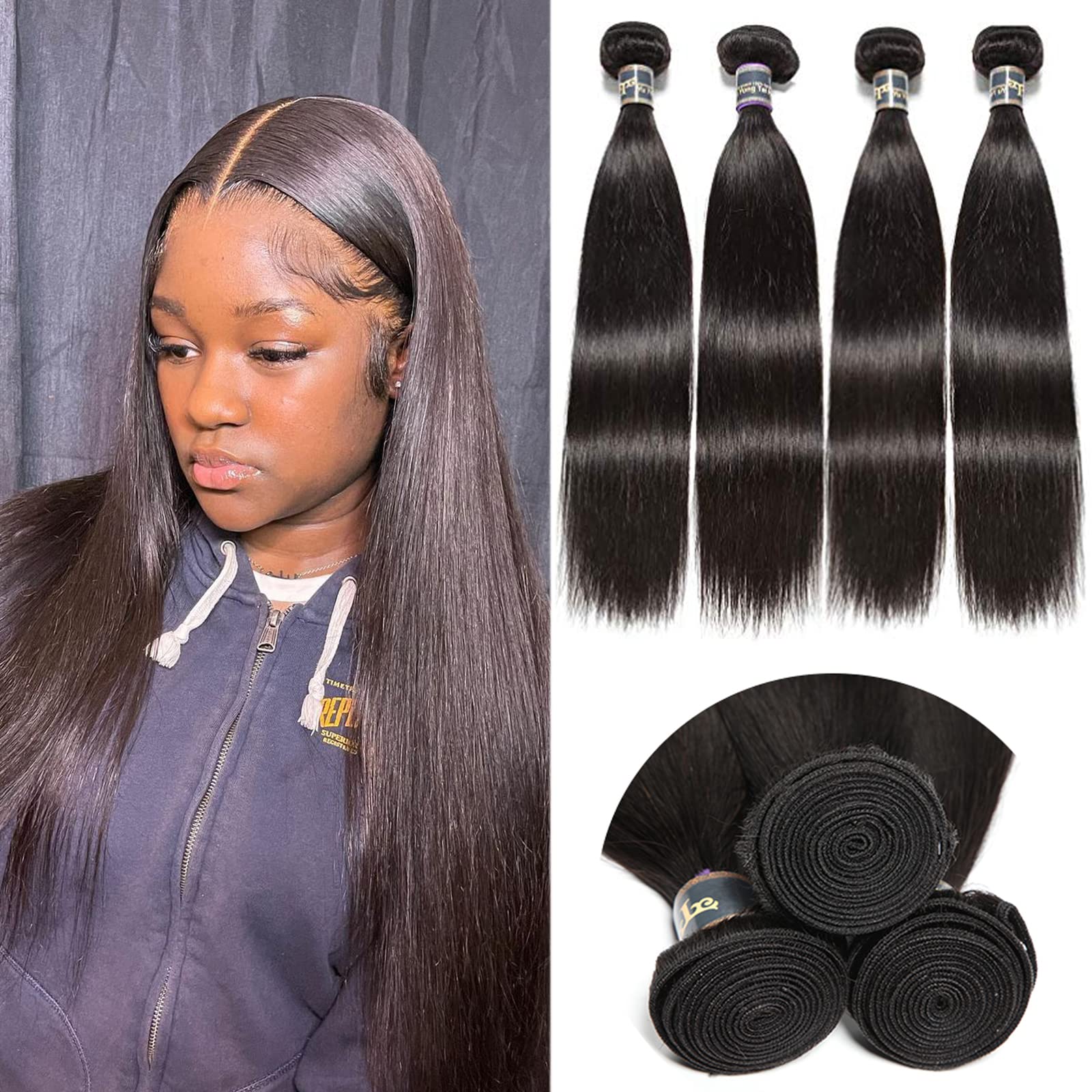 100% Virgin Malaysian Straight Remy Hair Bundles - 4 Bundles Deal (16/18/20/22 Inch) Unprocessed 1B Color Double Wefts Human Hair Weave for Extensions & Styling | Perfect for Daily Wear, Special Occasions & Salon Use