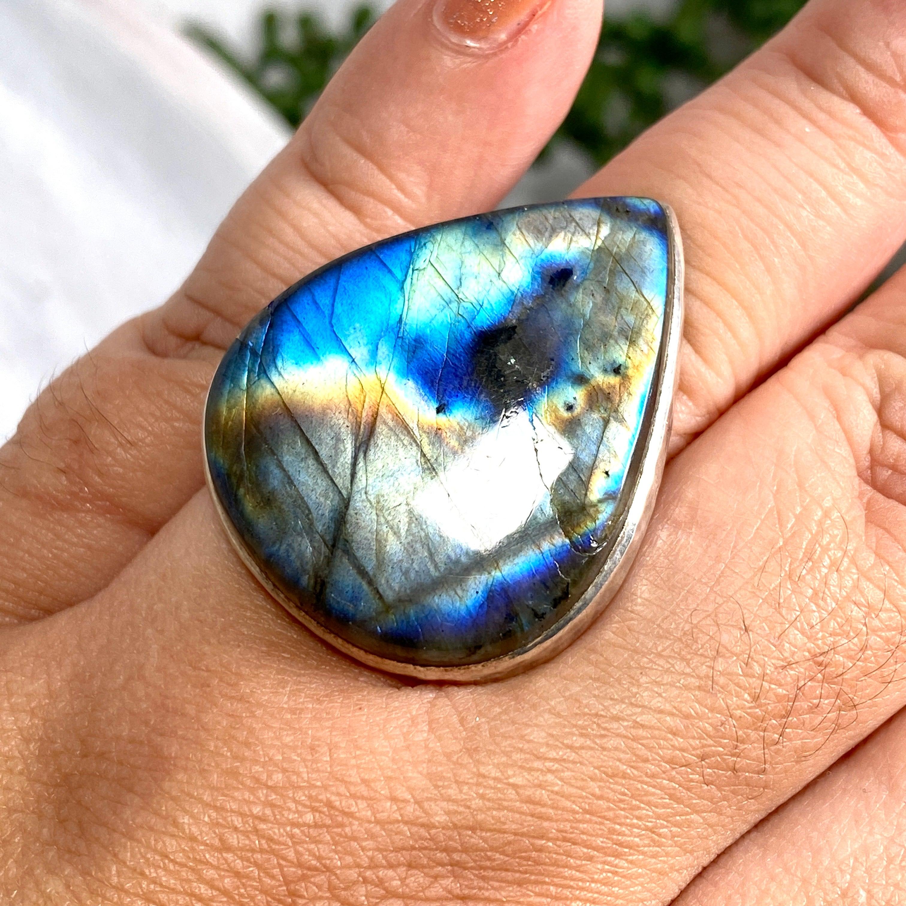Labradorite Teardrop Beaded Band Ring - Size 9.75 - Handmade Boho Jewelry for Women - Perfect for Everyday Wear & Special Occasions