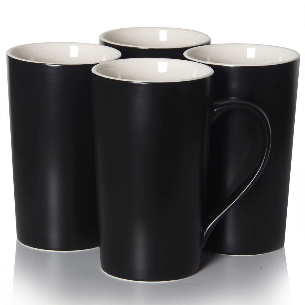 20oz Large Coffee Mugs Set of 4 - Tall Ceramic Cups with Handle for Men, Dad Gift - Plain Black Blank Tea Drinking Cups for Office, Home & Camping Use