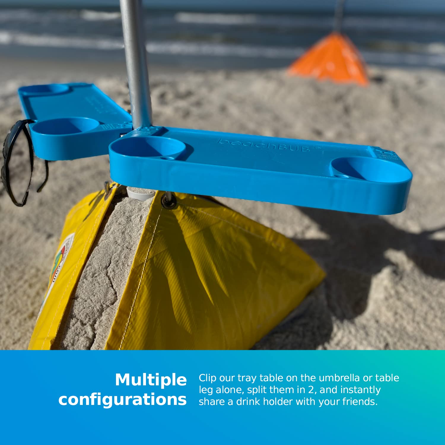 Portable Beach Umbrella Tray Table with 4 Cup Holders - Clip-On Outdoor Side Table for Pool, Patio & Vacation - Perfect for Drinks, Snacks & Sun Protection by the Water