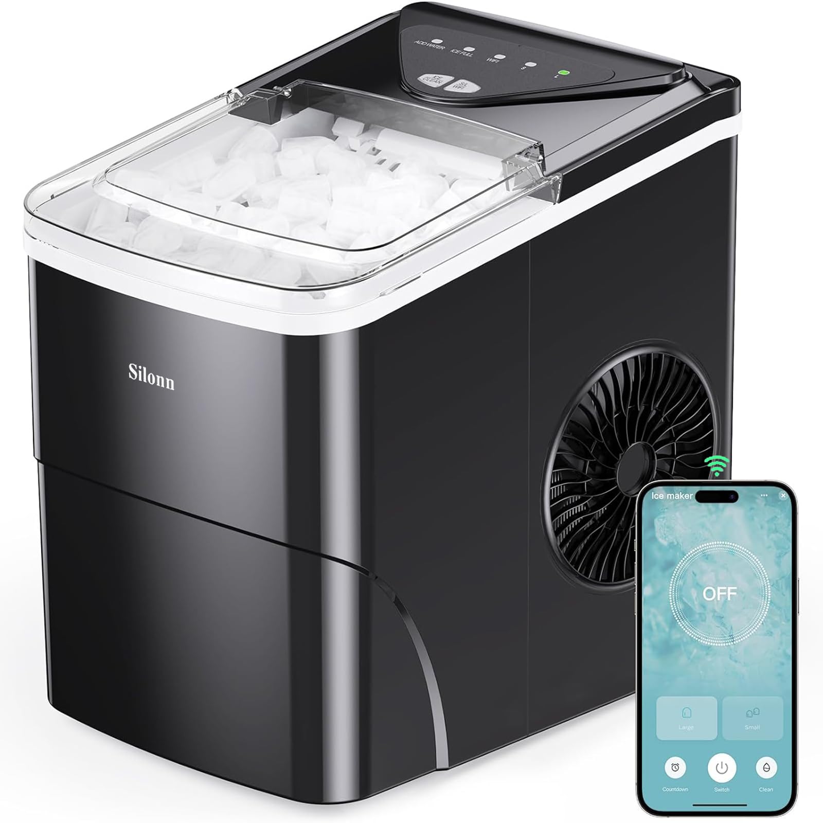 Silonn Smart Countertop Ice Maker - Compact & Portable Ice Machine with App Control, Makes 9 Cubes in 6 Minutes, 26 lbs Daily, 2 Ice Sizes, Self-Cleaning Function - Perfect for Home Kitchen, Office, RV & Outdoor Use
