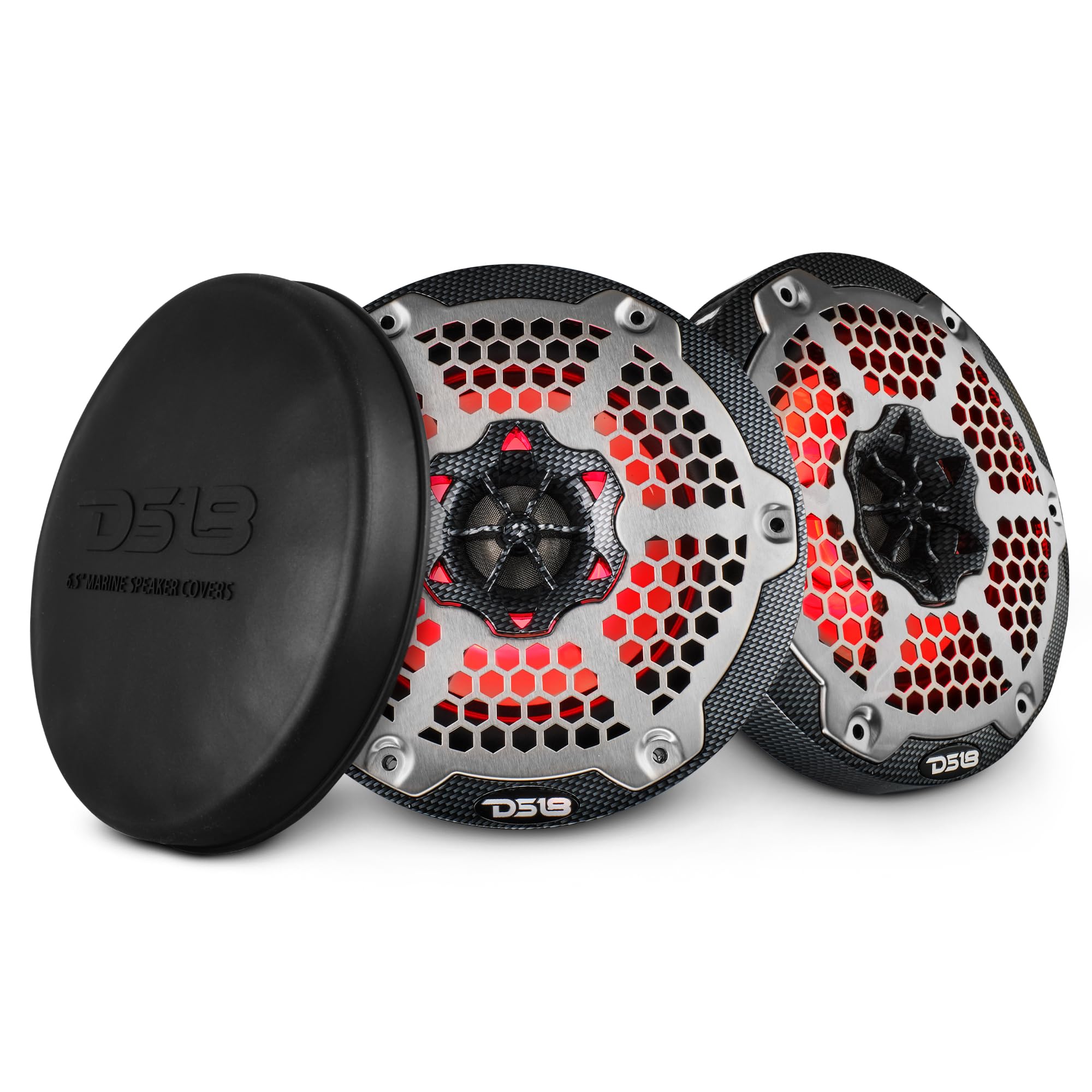 DS18 CF-65M 6.5 Inch Marine Boat Speakers with RGB LED Lights - 2-Way Waterproof Carbon Fiber Speakers (Pair) for Boats, ATVs, UTVs - UV Resistant, Includes Grills - Perfect for Outdoor Marine Audio Systems