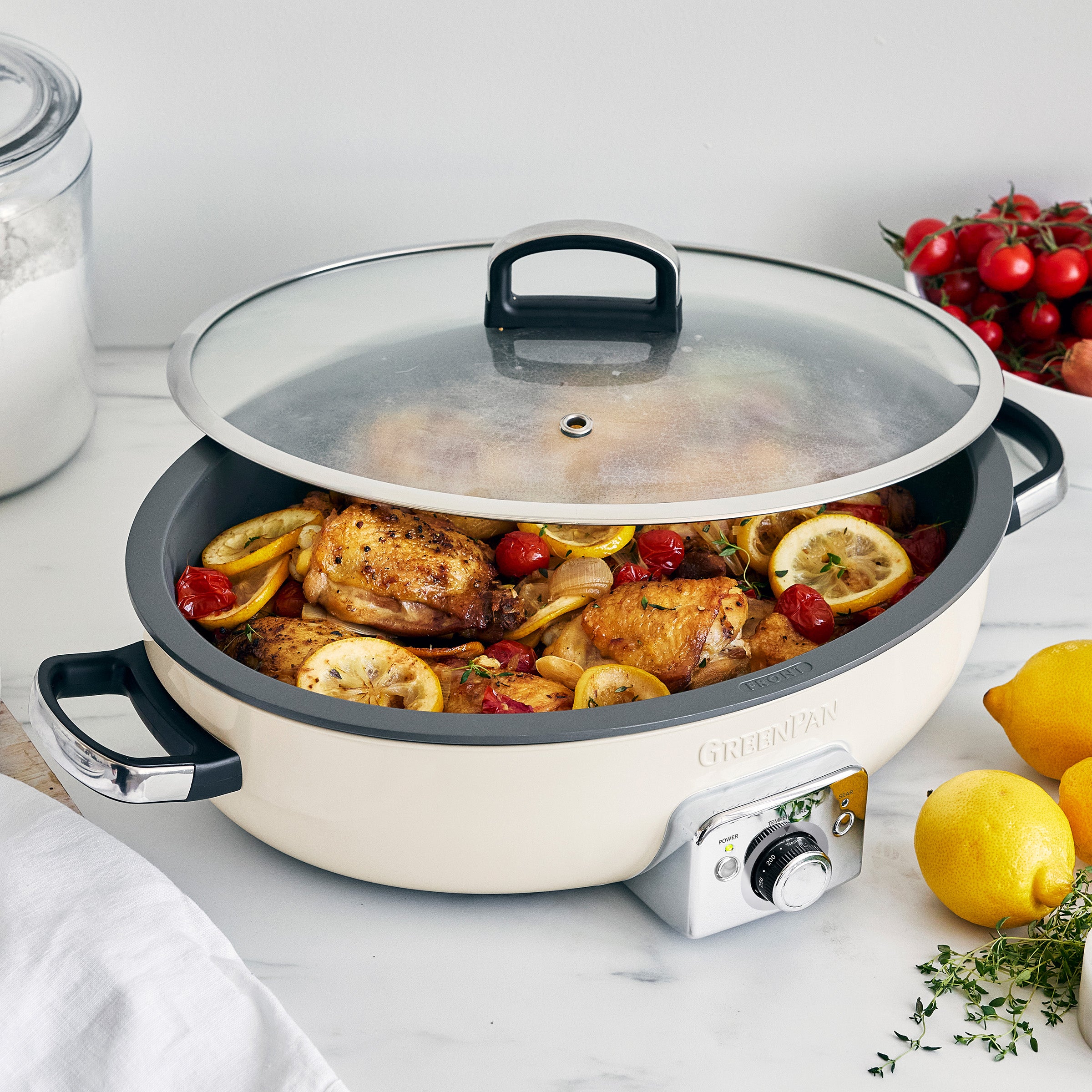 Elite 5.5 Quart Oval Electric Skillet with Adjustable Temperature - Perfect for Frying, Sautéing & Slow Cooking | Cream White | Ideal for Family Dinners & Holiday Meals
